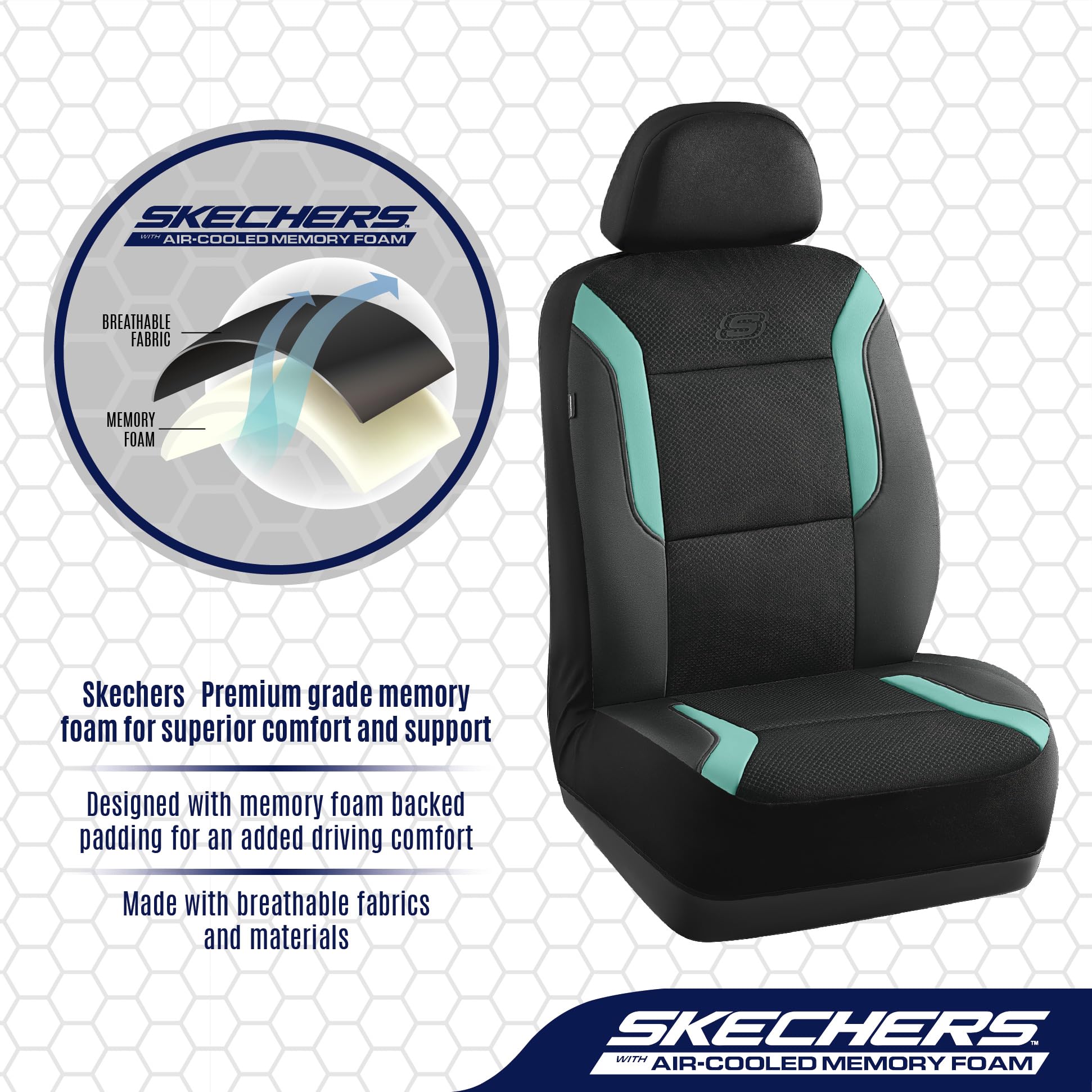 Skechers Memory Foam Car Seat Covers, Air Cool Mesh Thick Seat Covers, Seat Cover Full Sets, Airbag Compatible, Automotive Comfo