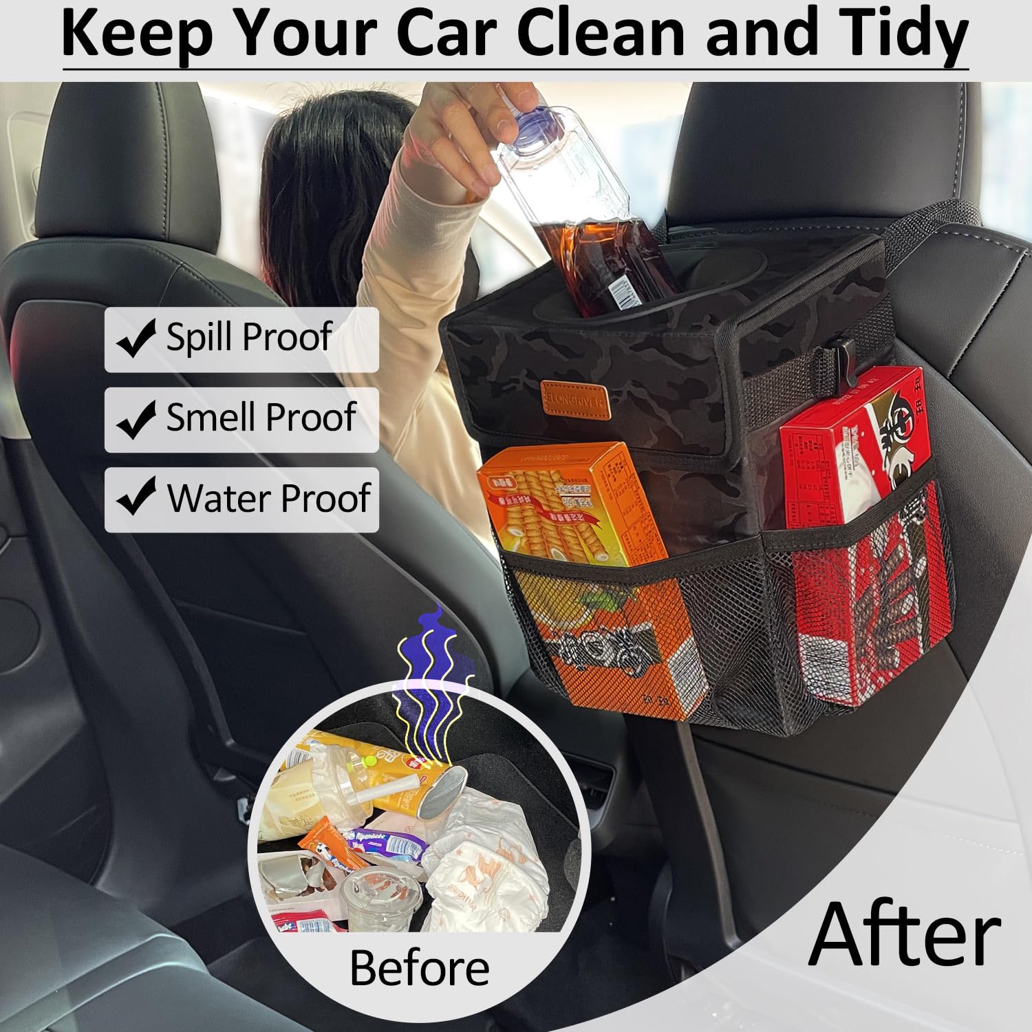 Elongriver Car Trash Can For Car With Lid, Car Organizer Can Trash Bag Hanging Leak Proof Vehicle Trash Can Camo Black