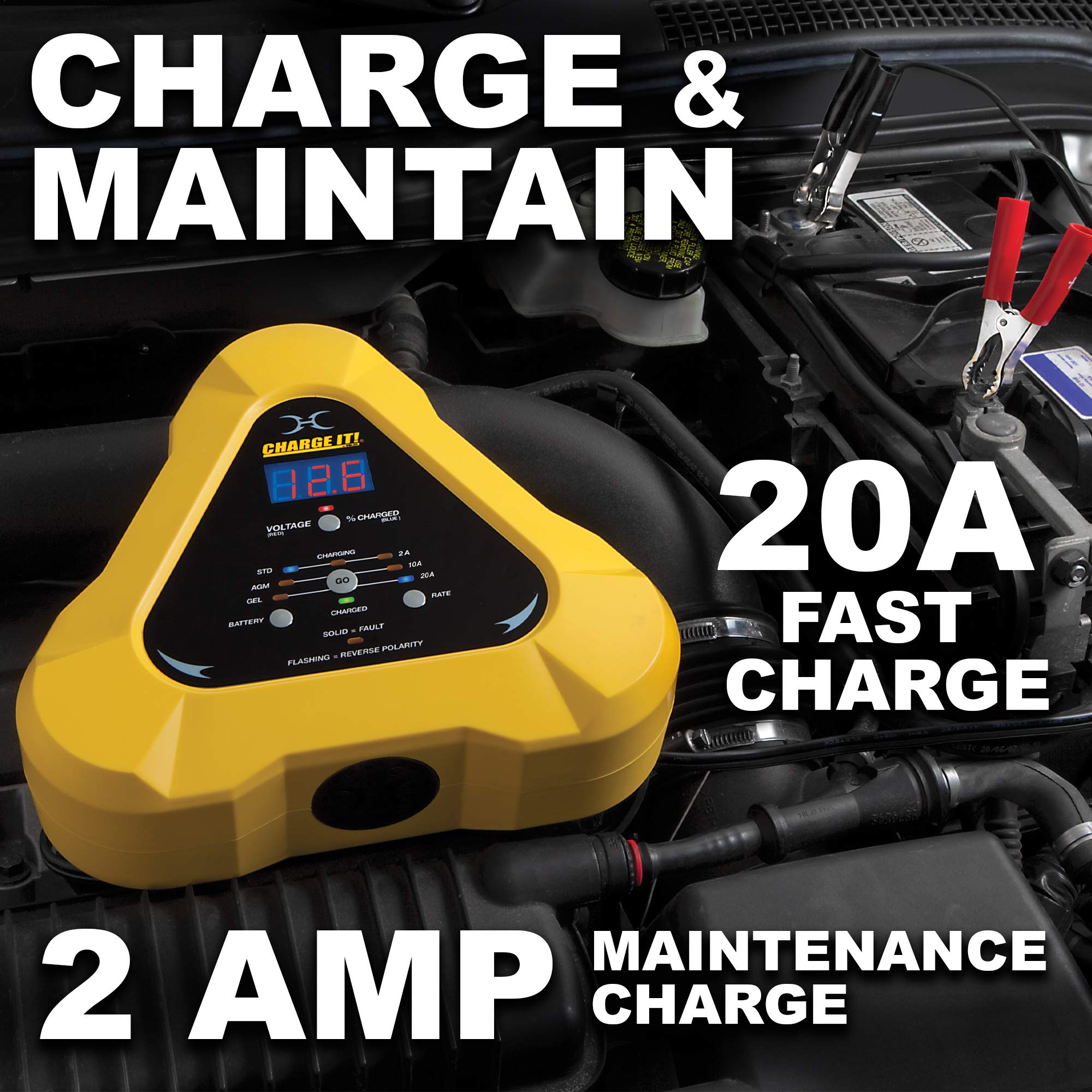 Clore Automotive CHARGE IT! 4520 12 Volt 20 Amp Fully-Automatic Smart Battery Charger, Battery Maintainer, and Desulfator, Yellow