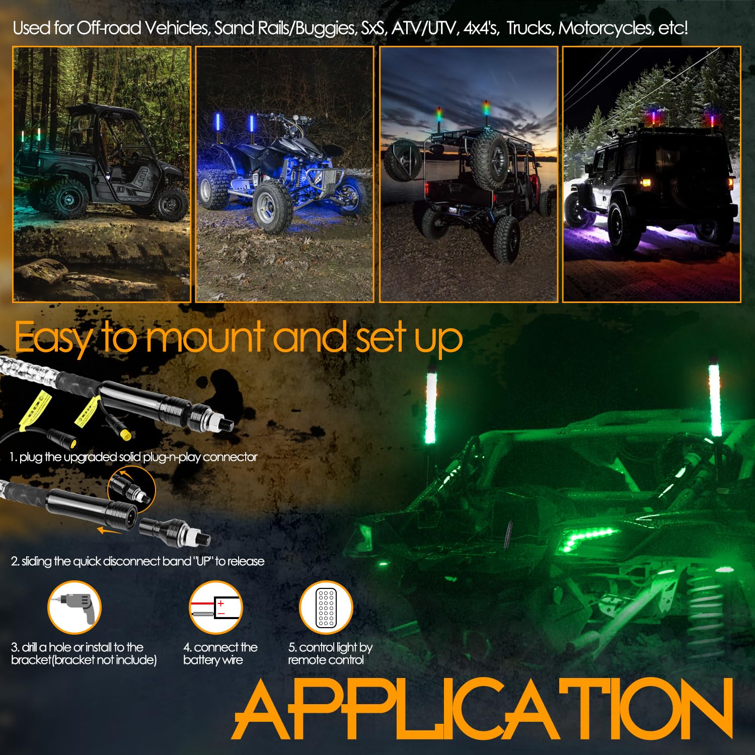 Nirider 2Pcs 1Ft Led Whip Lights With Flag Pole Remote Control Spiral Rgb Chase Light Offroad Warning Lighted Antenna Led Whips