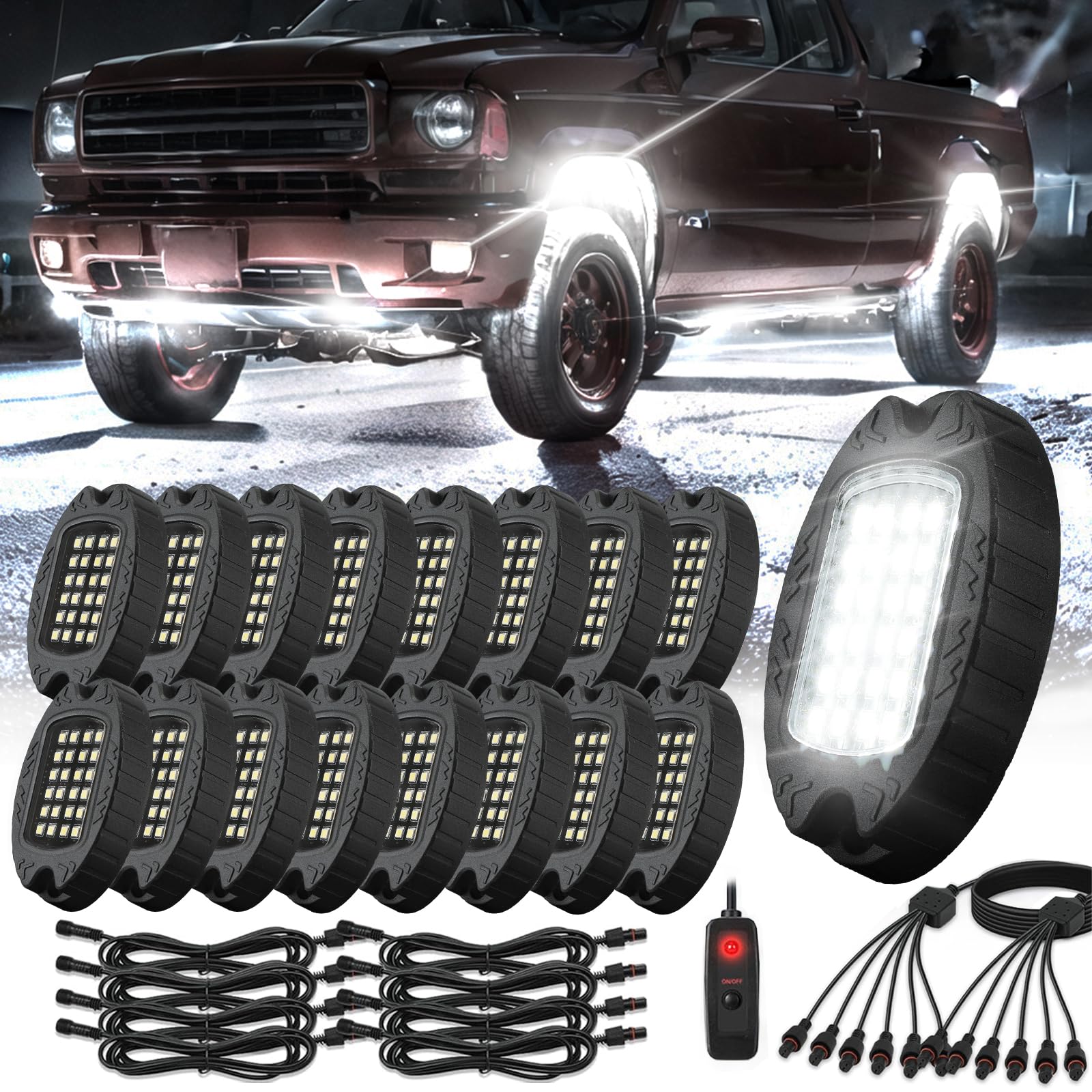 16 Pods Alloy Pure White LED Rock Lights for Semi Trucks Trailer Pickup Offroad, Plug and Play with Pre Wired Harness&Switch, 38