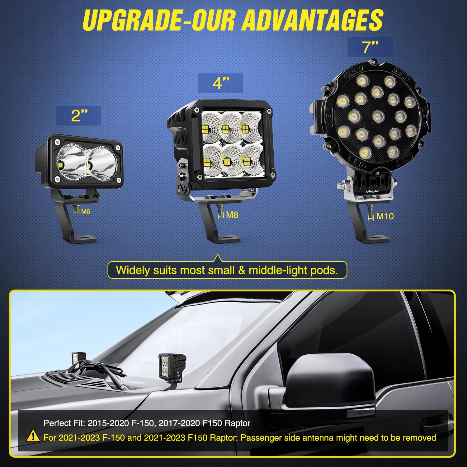 Nilight Ditch Light Bracket Hood Mount Brackets For Front A-Pillar Auxiliary Offroad Led Pod Light Work Lights On F150 Raptor 2017-2023 F-150 2015-2023, 2 Years Warranty