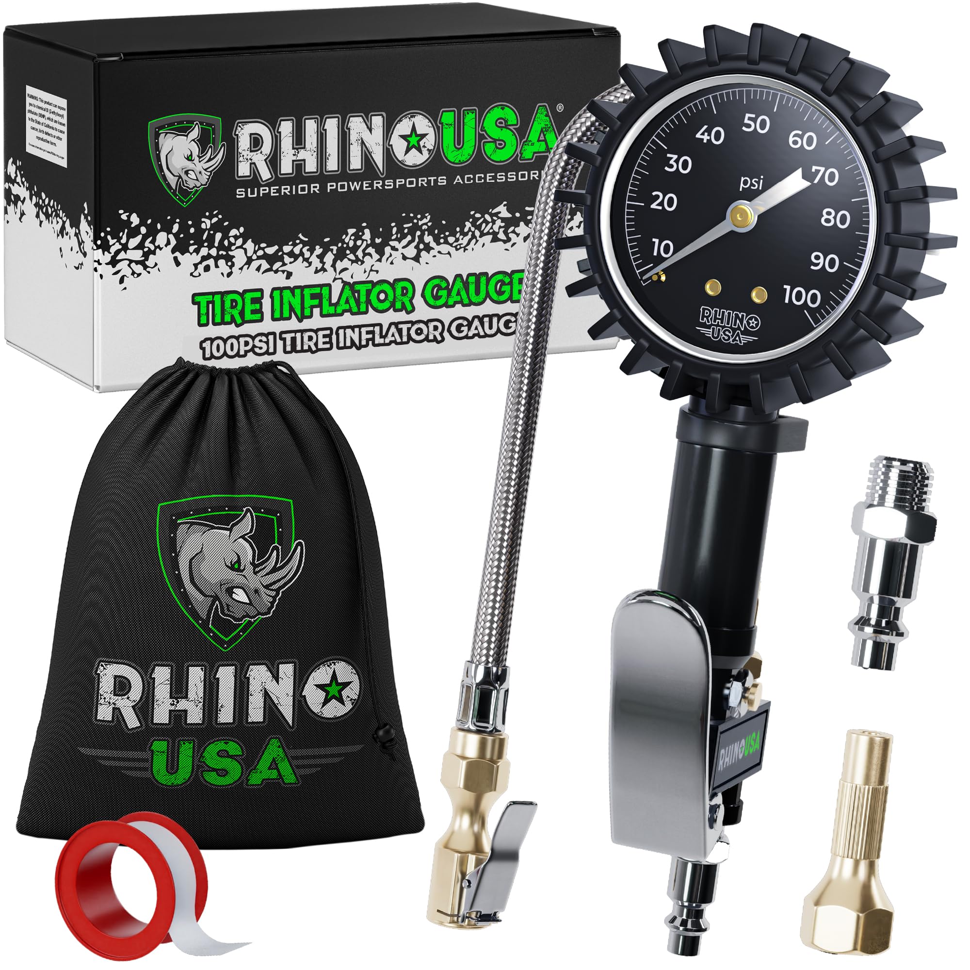 Rhino USA Tire Inflator with Pressure Gauge (0-100 PSI) - ANSI B40.1 Accurate, Large 2' Easy Read Glow Dial, Premium Braided Hose, Solid Brass Hardware, Best for Any Car, Truck, Motorcycle, RV
