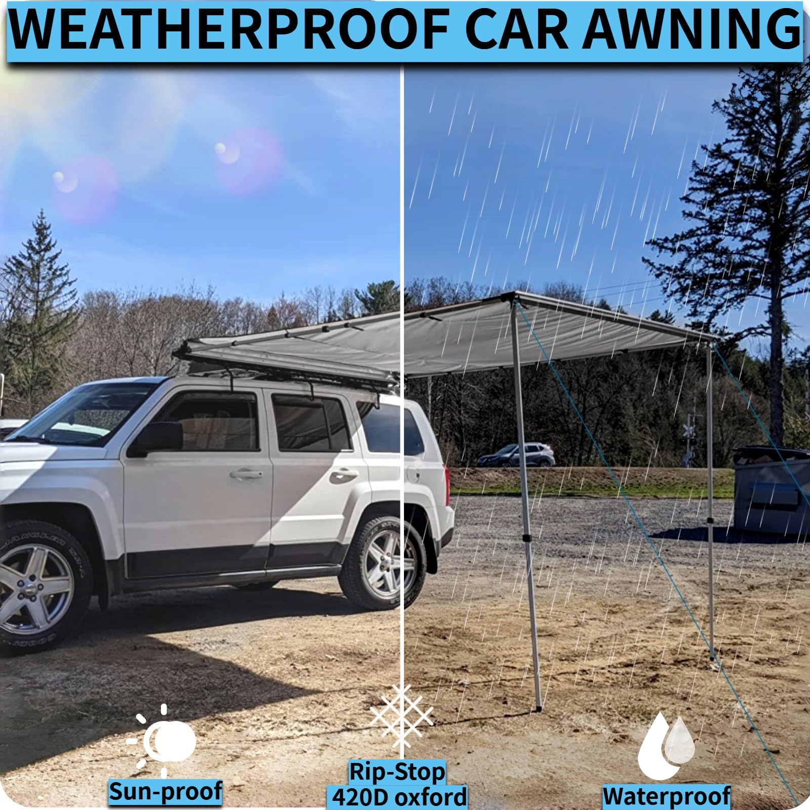 Danchel Outdoor Car Awning, Roof Rack Pull-Out Car Awning Overland, Waterproof Portable Car Side Sun Shelter Tarp For Suv/Truck/Van/Camper, 6.5X9.8Ft Gray