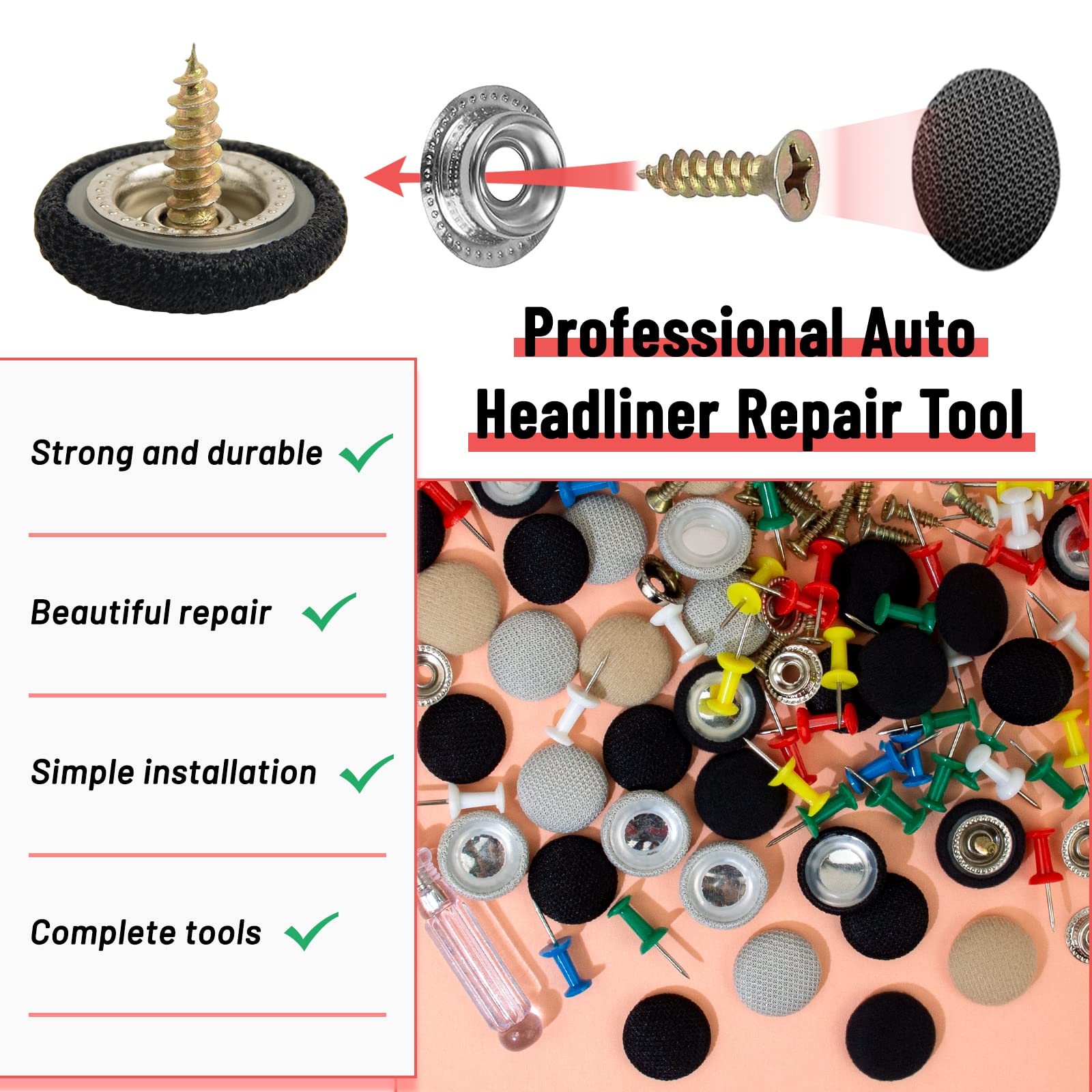 362 pcs Car Roof Headliner Repair Kit 90 Kits Auto Roof Snap Pins Rivets Retainer for Car Roof Flannelette Fixed with Installati