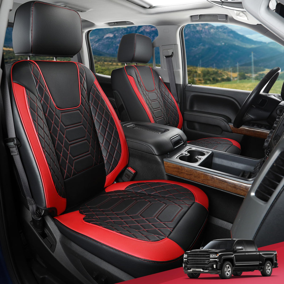 FREESOO Silverado 2019-2024 Faux Leather Full Set Seat Covers, Fit for Chevy Silverado GMC Sierra 1500 Crew Cab Waterproof Truck
