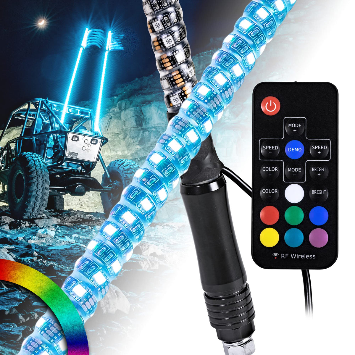 True Mods 2pc 2ft Spiral RGB LED Whip Light for UTV ATV [RF Wireless Remote] Flag Waterproof LED Lighted Whip Antenna Pole Stick