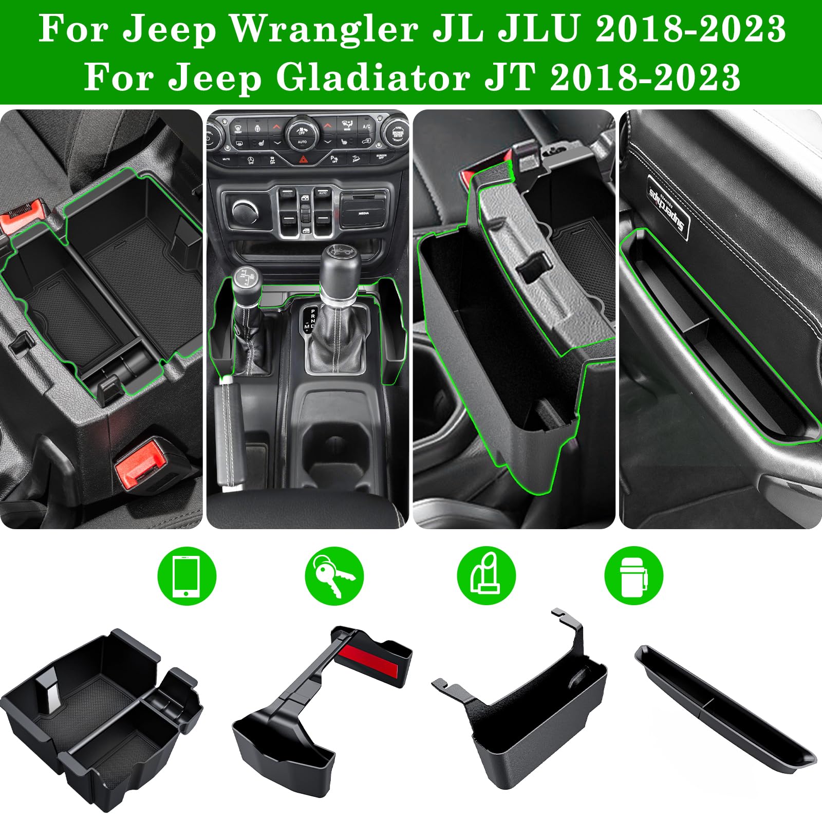 Eamplest 4Pcs Center Console Organizer For 2018-2022 2023 Jeep Wrangler Jl Jlu And Gladiator Jt Accessories Gear Shift Side Tray
