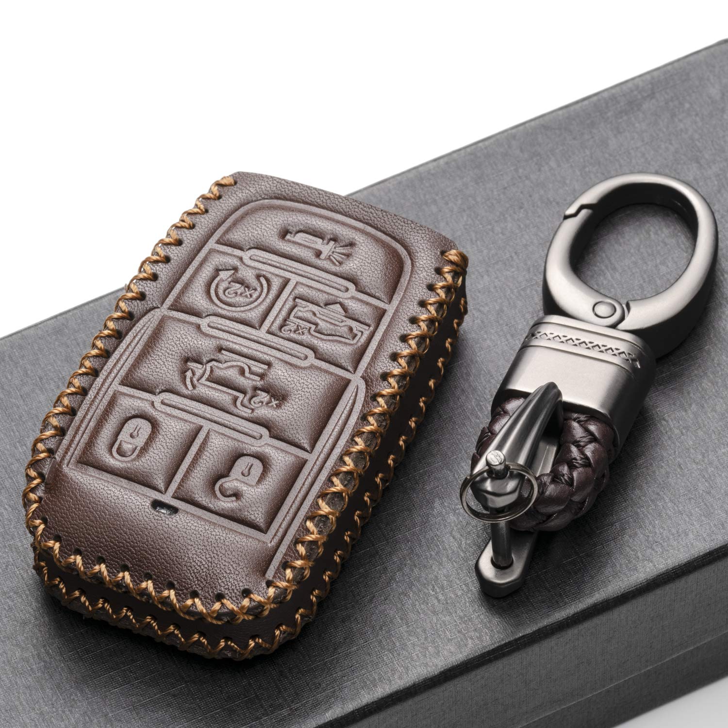 Vitodeco Genuine Leather Smart Key Fob Case Cover Protector Compatible With Ram 1500, Ram 2500, Ram 3500 2019 - 2025 (6-Button,