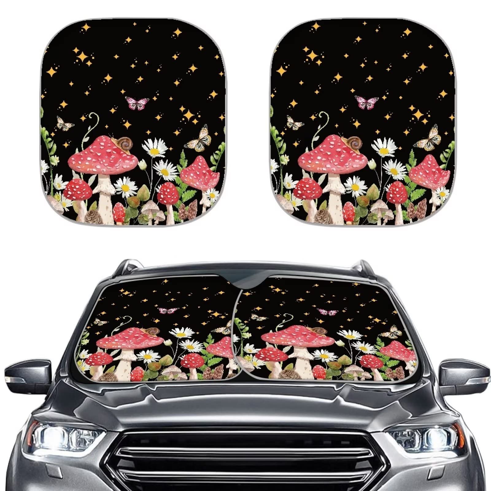 Renewold Mushroom Daisy Butterfly Print Sunshade For Car Windshield Reflective Blocks Heat And Sun Foldable Sun Shade Shield Car