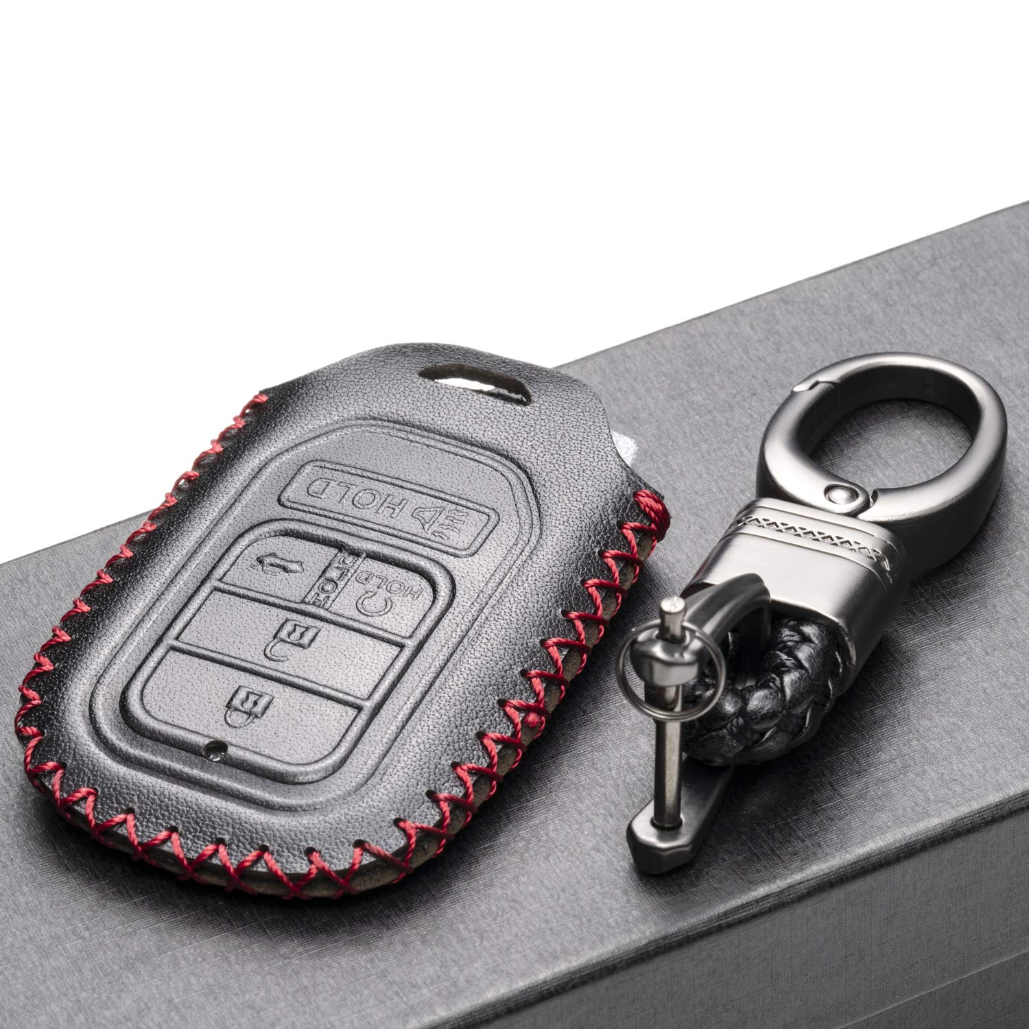 Vitodeco Genuine Leather Smart Key Keyless Remote Entry Fob Case Cover Compatible for Honda Civic, Fit, Accord, Pilot, CR-V (5 Buttons, Black/Red)