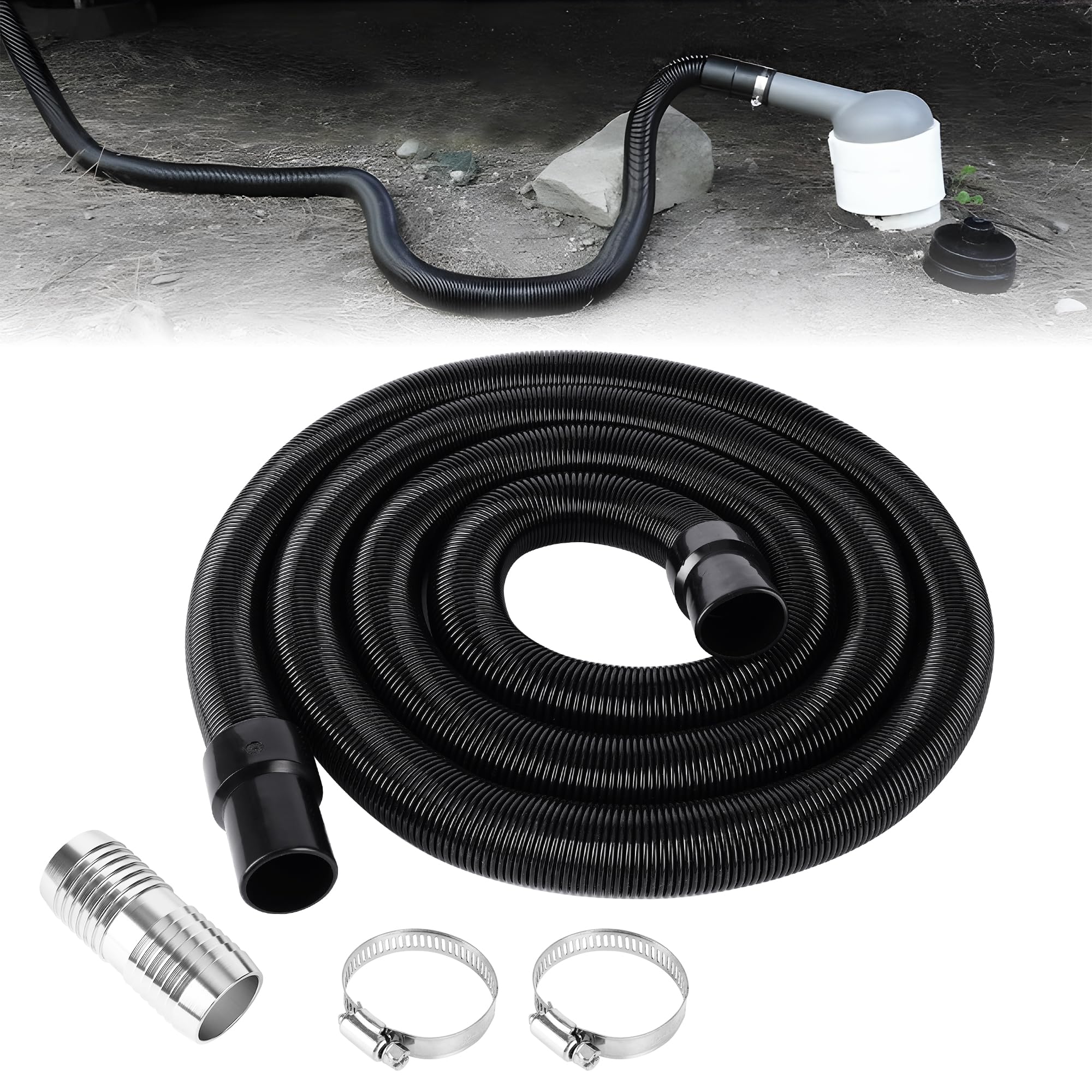 97521 RV Macerator Hose Kit for Thetford Sani-Con Turbo 400S 500S 600S 700S, 33FT 1.5 Inch Black Waste Water Sewage Hose with Qu
