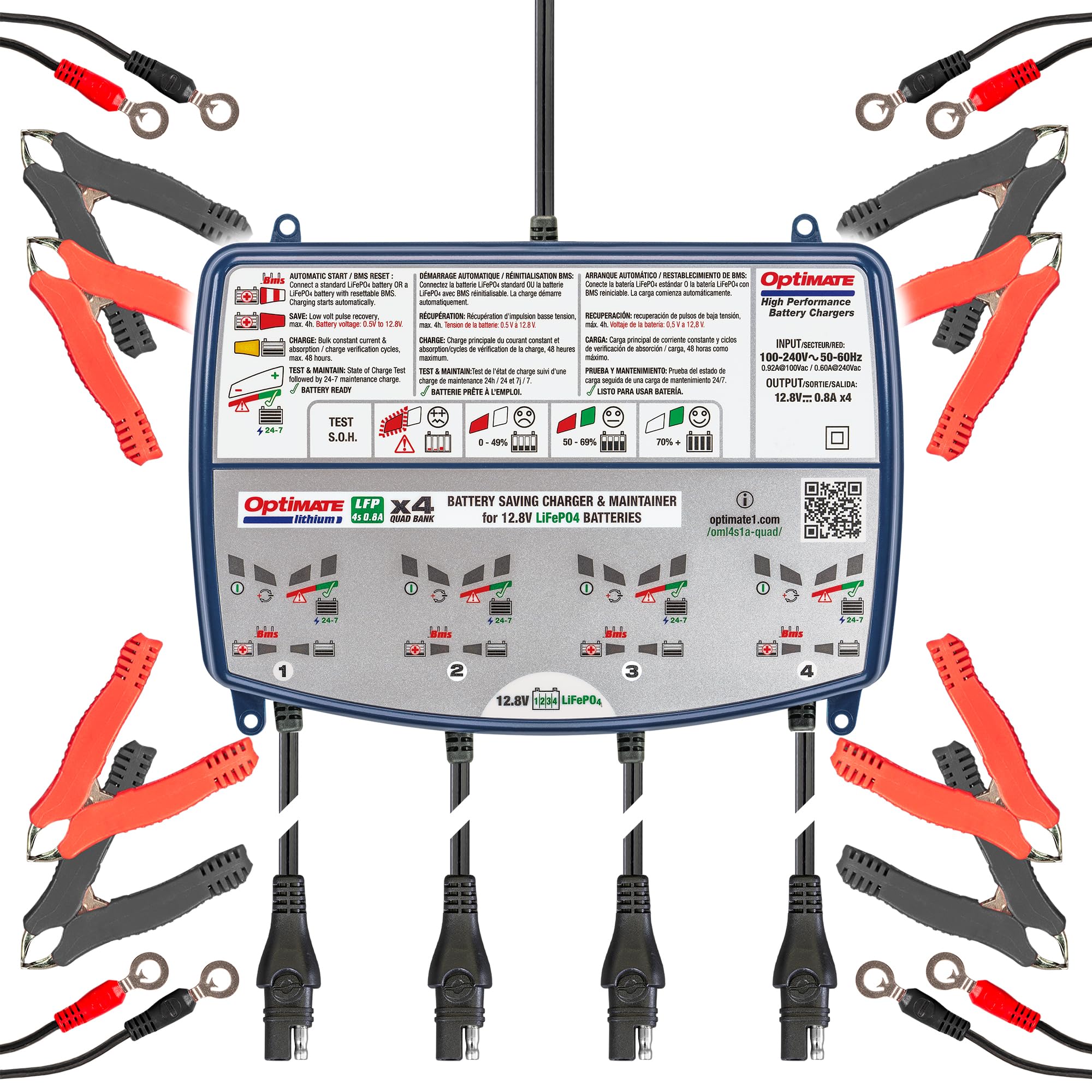 TECMATE Optimate Lithium 4s 0.8A Quad Bank, TM485, 8-Step 4x12.8V 0.8A Lithium Expert Battery Saving Charger & Maintainer