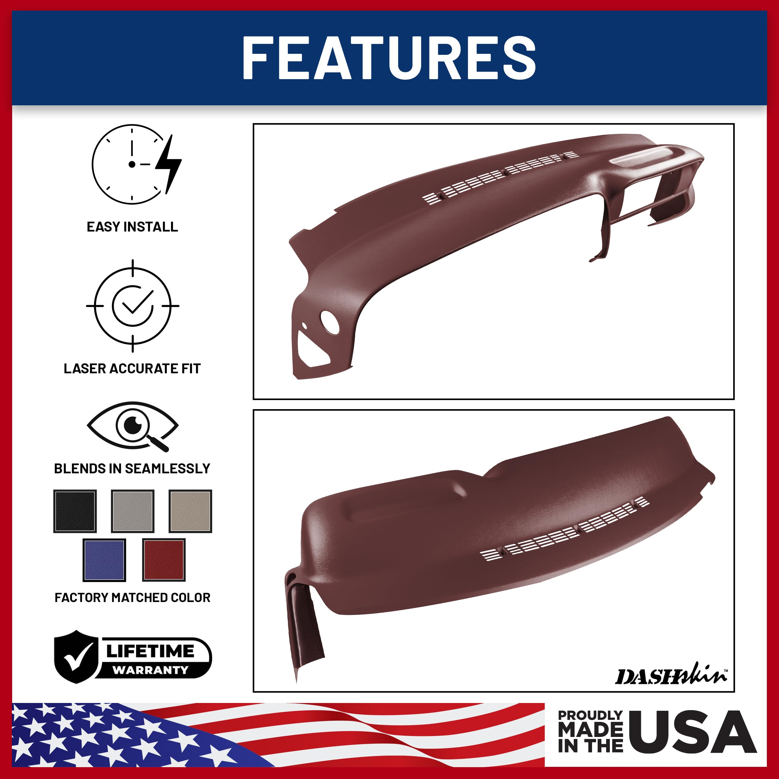 Dashskin Molded Plastic Dash Cover Compatible With 1997-2000 C1500 K1500 Tahoe Suburban Yukon & 1997-2000 Escalade In Ruby - Mad