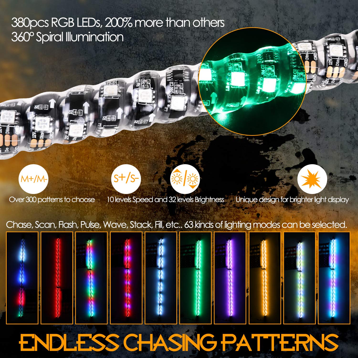 Nirider 2Pcs 3Ft Led Whip Lights With Flag Pole Remote Control Spiral Rgb Chase Light Offroad Warning Lighted Antenna Led Whips