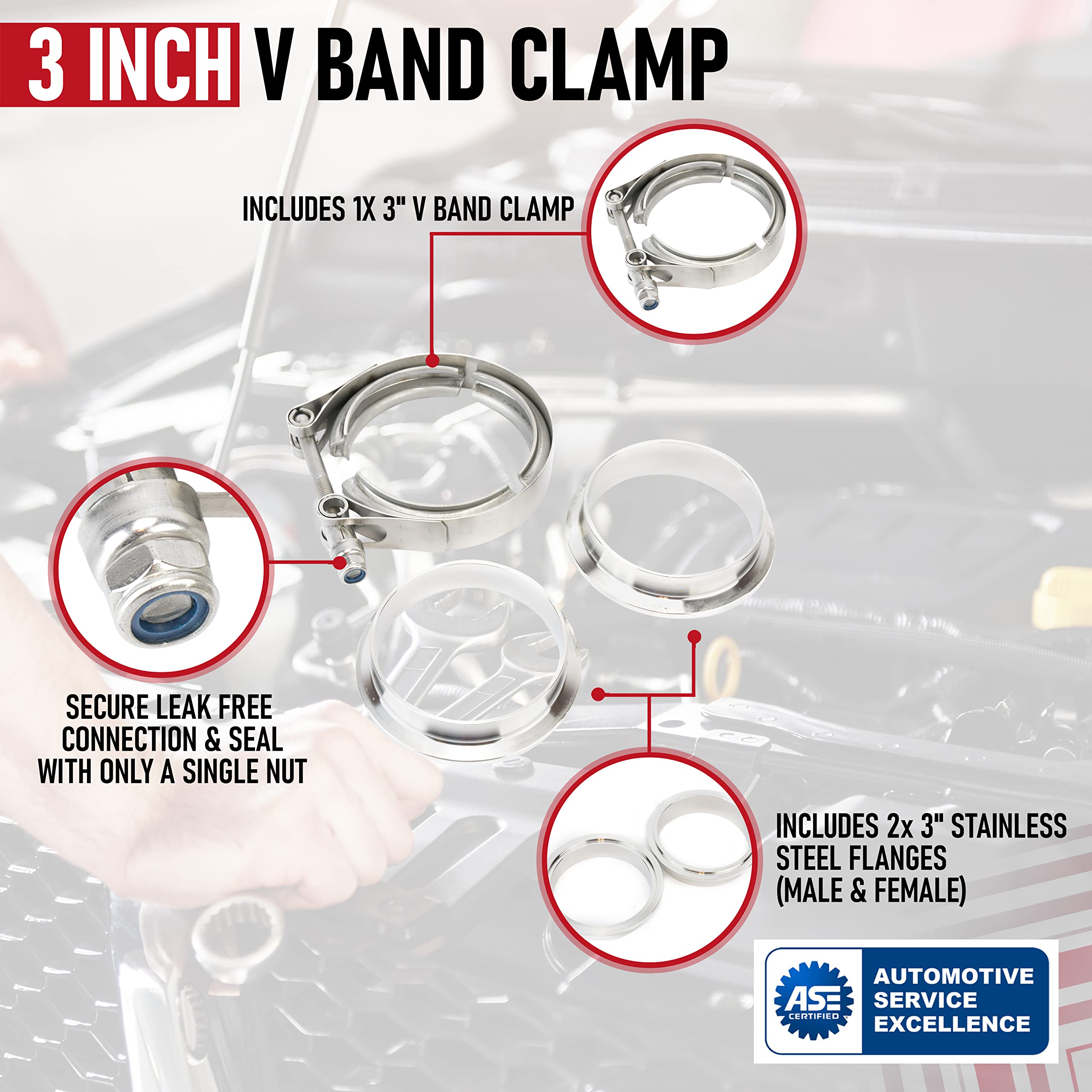 3 Inch V Band Clamp With Set Of 3 Cnc Stainless Steel Flanges Kit - 3In V-Band Clamp, Male And Female Flanges - Perfect For Turb