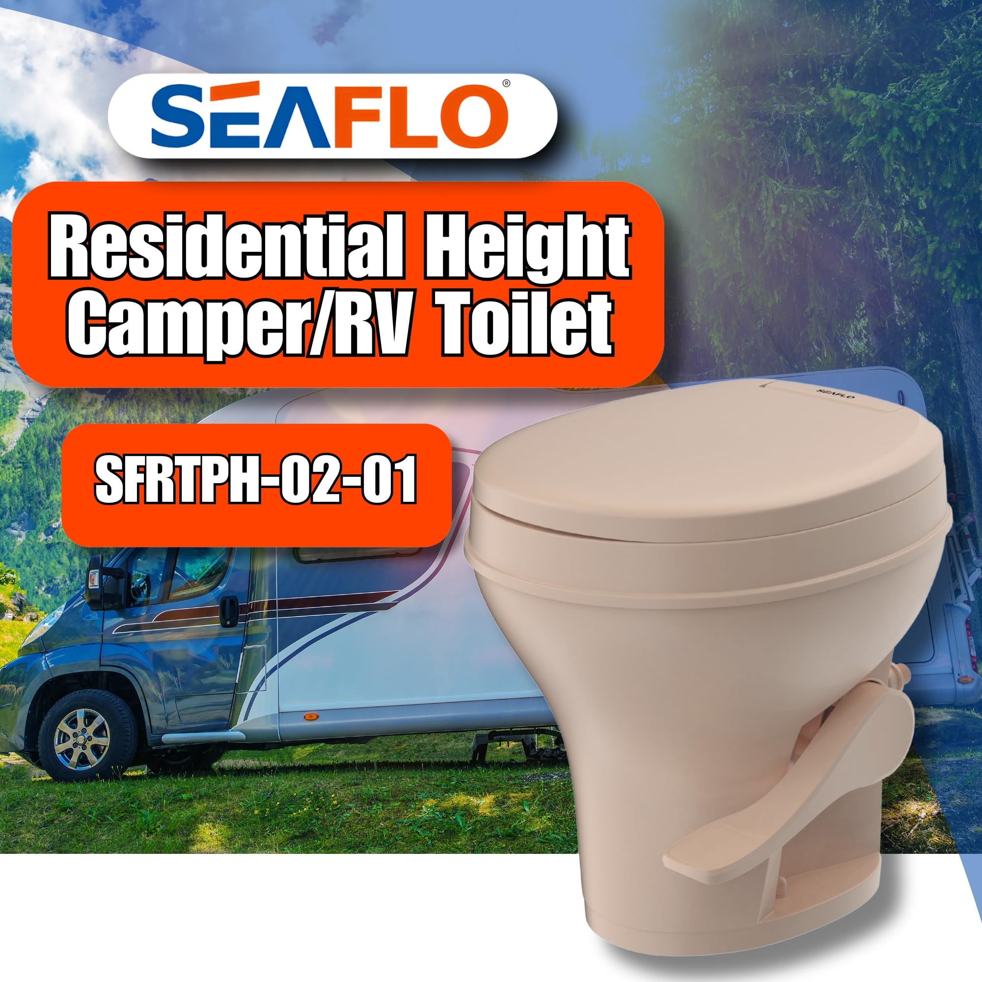 Seaflo Rv Toilet - Standard Height, Gravity Flush, Foot Pedal, Soft Close Lid (Bone Color)