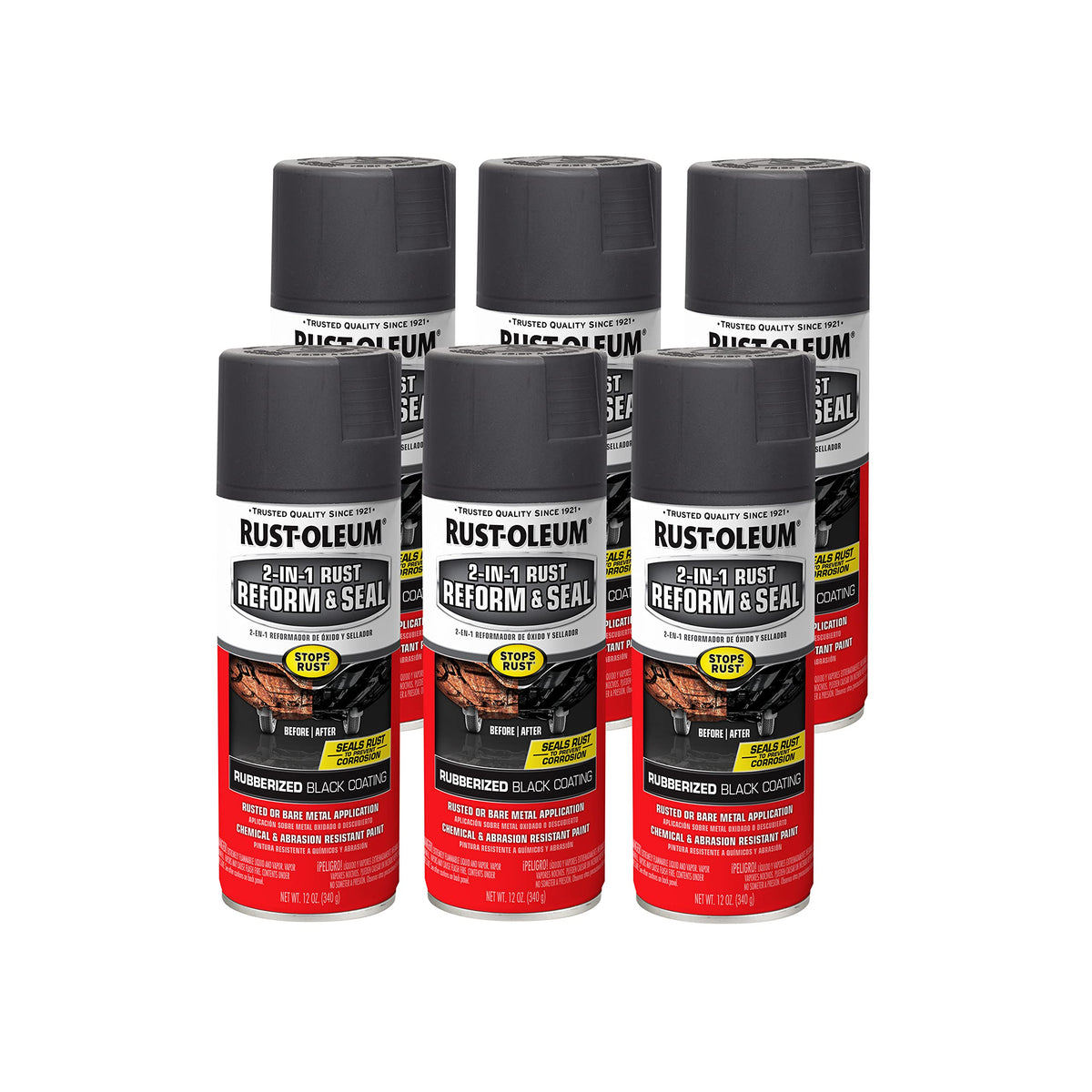 Rust-Oleum 344713-6Pk Automotive 2-In-1 Rust Reform & Seal Spray, 12 Oz, Flat Black, 6 Pack