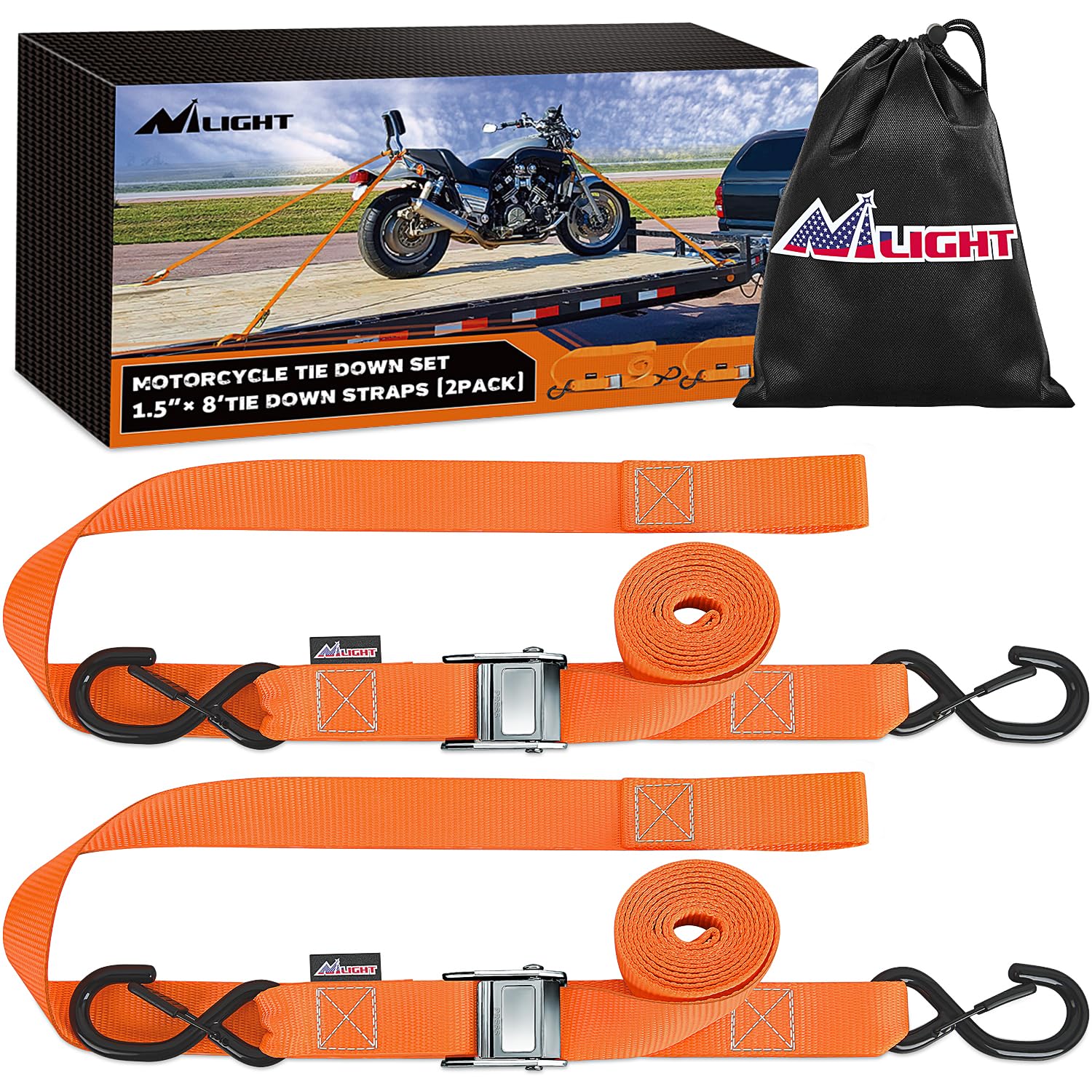 Nilight Motorcycle Tie Down Straps 1.5     8 Heavy Duty Cambuckle With Soft Loops Safety S-Hooks 3084Lbs Break Strength For Secu