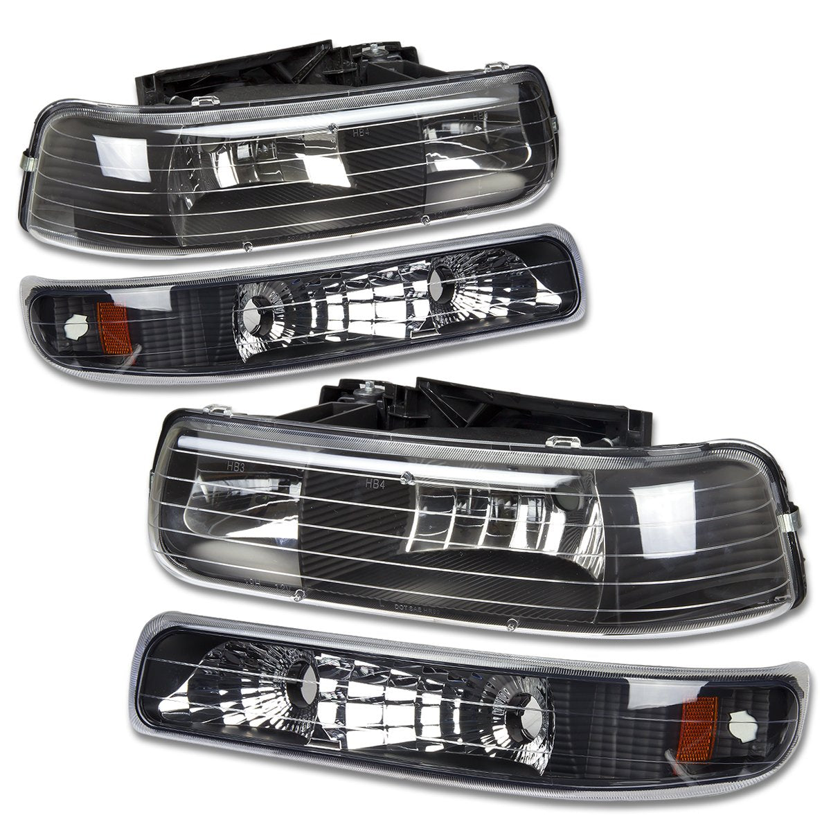 Dna Motoring Hl-Oh-Cs99-4P-Bk-Ab Black Amber Headlights Compatible With 99-02 Silverado 00-06 Suburban / Tahoe Bottom Bumper Lights Fit Oe Grill