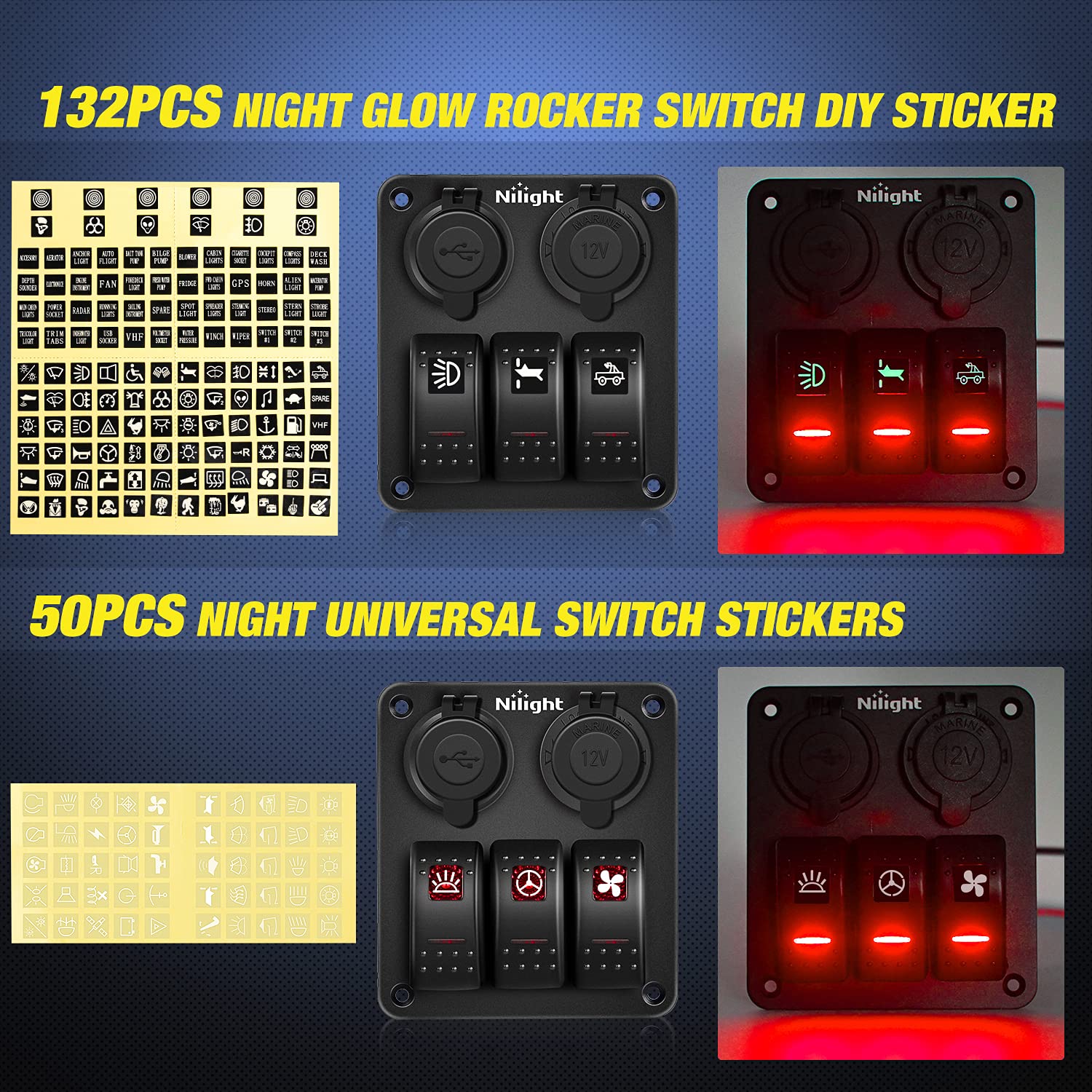Nilight 3 Gang Rocker Switch Panel With Usb Charger And Cigar Lighter Red Night Glow Stickers12V 24V Toggle On Off For Cars Rvs