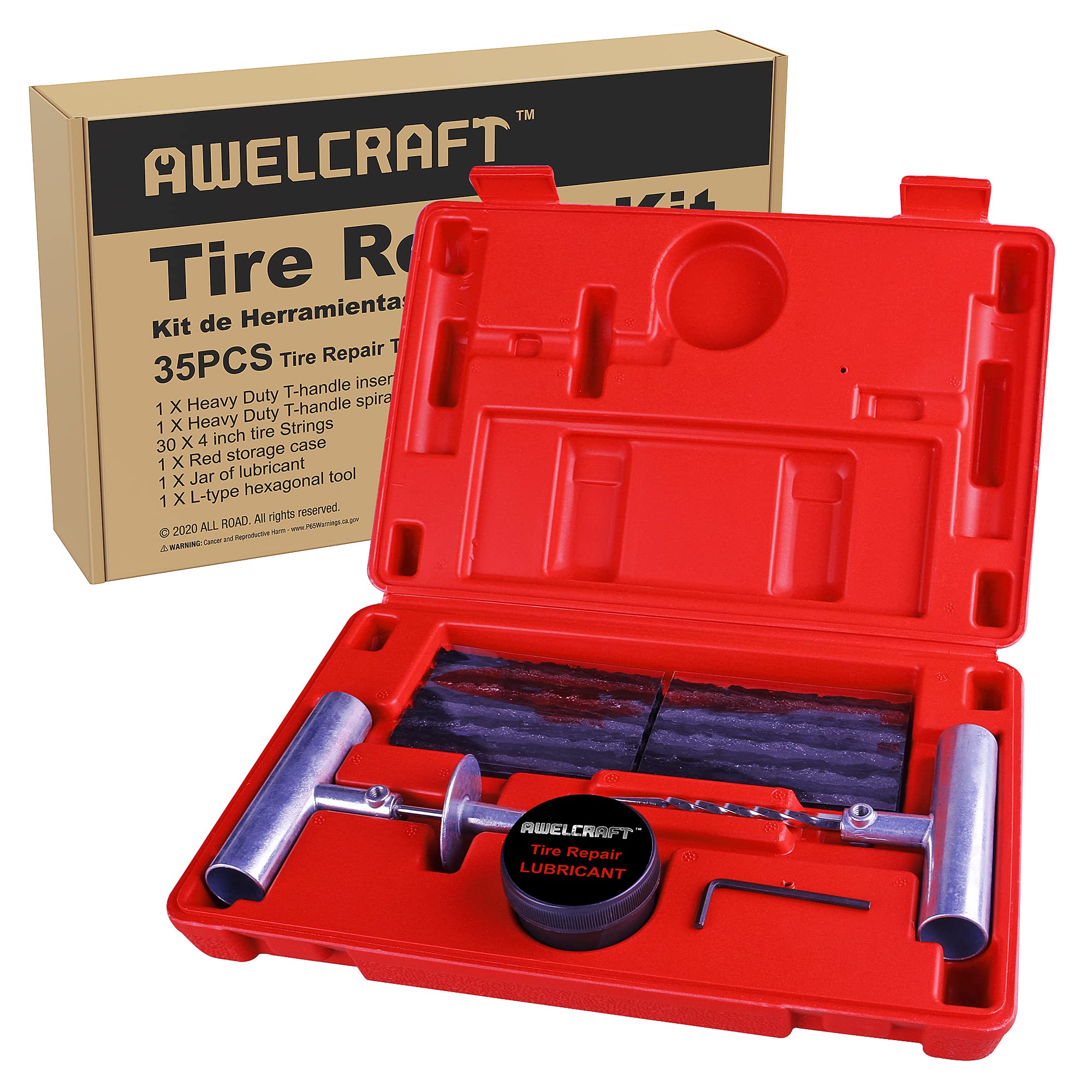 Awelcraft 35-Piece Universal Heavy Duty Tire Plug Kit To Fix Punctures And Plug Flats, Ideal For Cars, Trucks, Motorcycles, Atv, With Storage Case