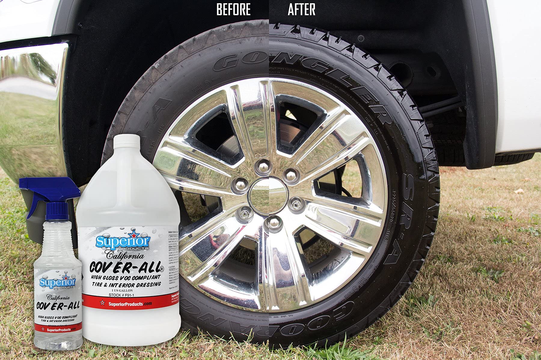 California Cover All by Superior Products- Automotive Tire Shine Spray & Professional Grade -Tire Dressing - High Gloss - Water