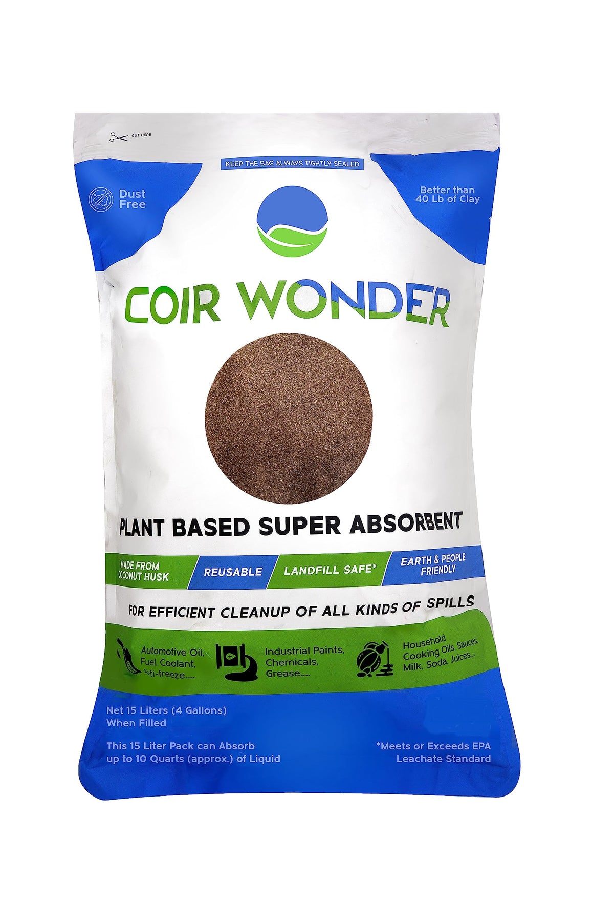 Coir Wonder 3-in-1 Oil Absorbent, Paint Hardener & Sweeping Compound - 15 Liter (15.9 Quart) - for Oil, Biohazard, Spill Kit - G