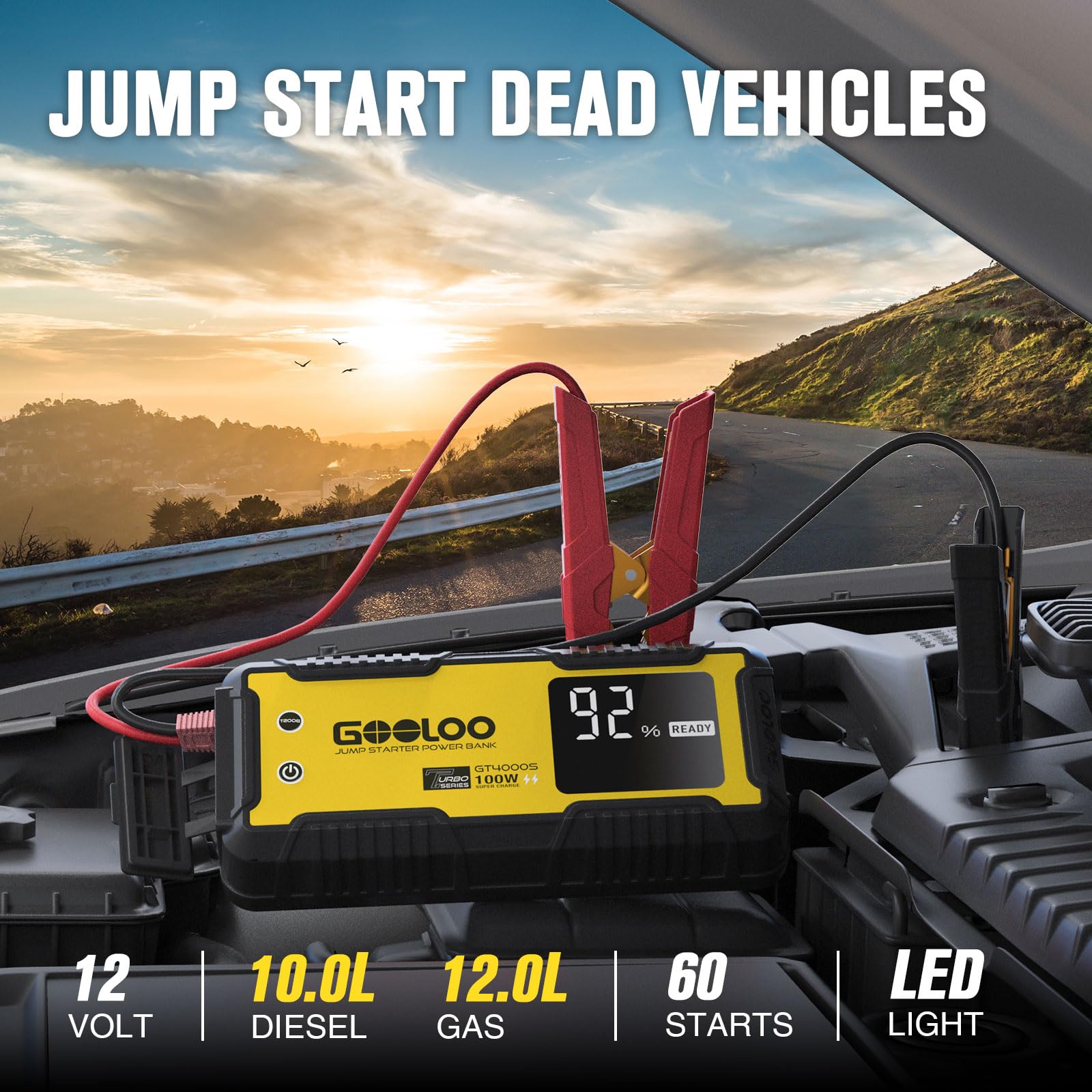 Gooloo Gt4000S Jump Starter 4000A Car Jumper Starter (Up To 10L Diesel 12L Gas Engines), 100W Fast-Charging Lithium Jump Box, Supersafe Portable Car Battery Charger Power Bank For 12V Vehicles, Yellow