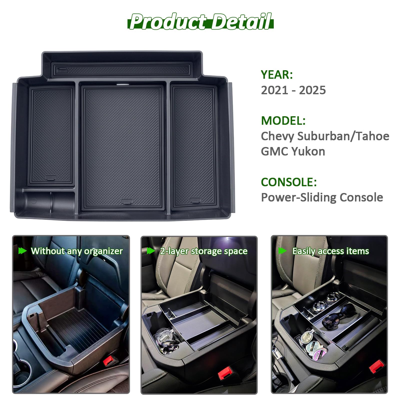 TOPINSTALL Power Sliding Console Tray for 2021-2026 Chevy Tahoe/Suburban/GMC Yukon, Black ABS Armrest Organizer