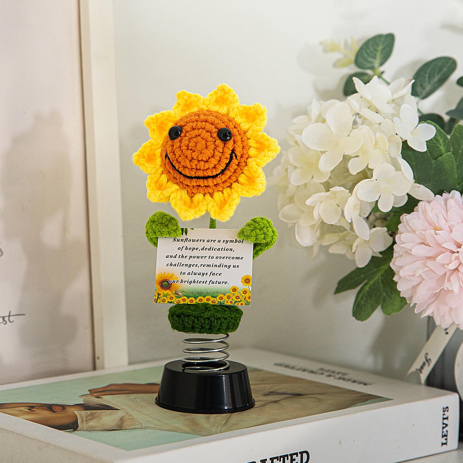 Levvohd Emotional Support Handmade Sunflowers For Women, Hippie Bobbleheads For Car Dashboard Crochet Positive Sunflowers Car Ac