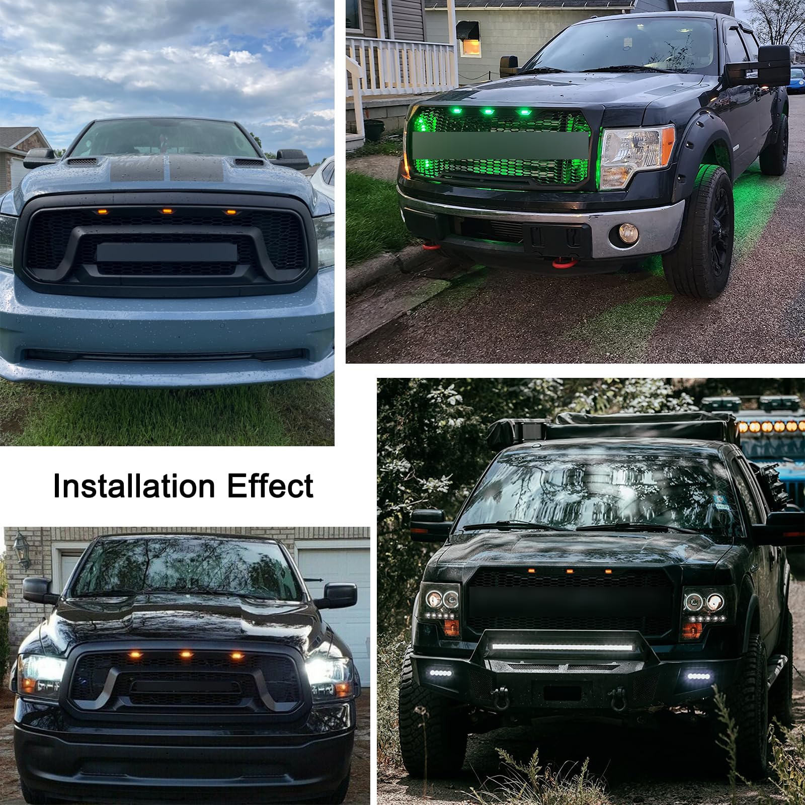 Boigoo Front Grille Lights Compatible For Ford F-150 Raptor 2004-2019 & Dodge Ram 1500 2013-2018 Aftermarket Grilles, Auto Grid Decorative Led (Blue Light Smoked Lens)
