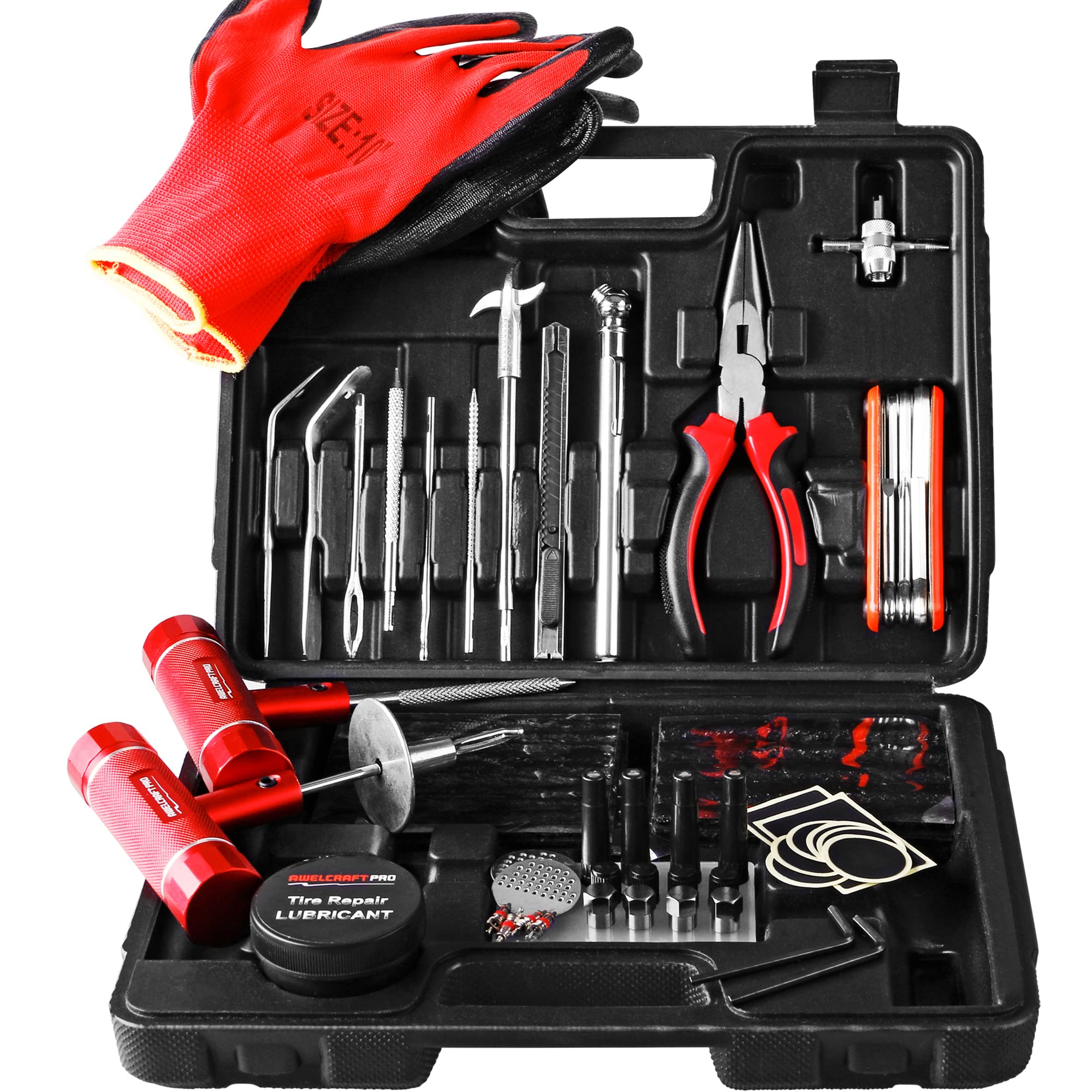 Awelcraft Heavy Duty Tire Repair Tools Kit - 108 Pcs Set Truck Tool Box For Motorcycle, Car, Atv, Jeep, Truck, Tractor Flat Tire