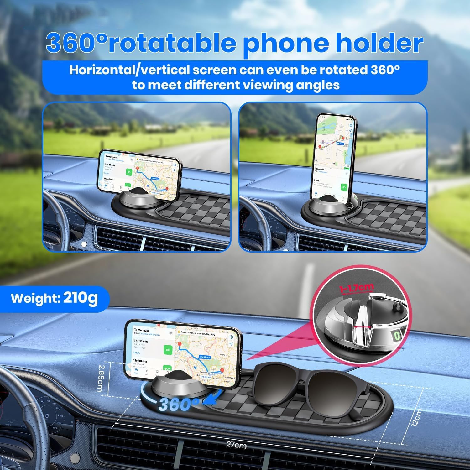 Vaiwenta Multifunction Car Anti-Slip Mat Auto Universal Phone Holder, Rotatable Anti Skid Car Dashboard Pad with Temporary Parki