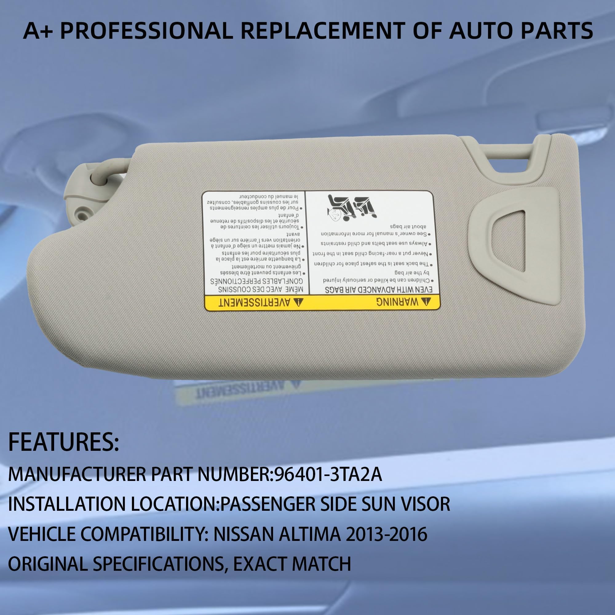 Dasbecan Gray Right Passenger Side Sun Visor Compatible With Nissan Altima 2013-2018 With Mirror And Vanity Light Without Sunroo