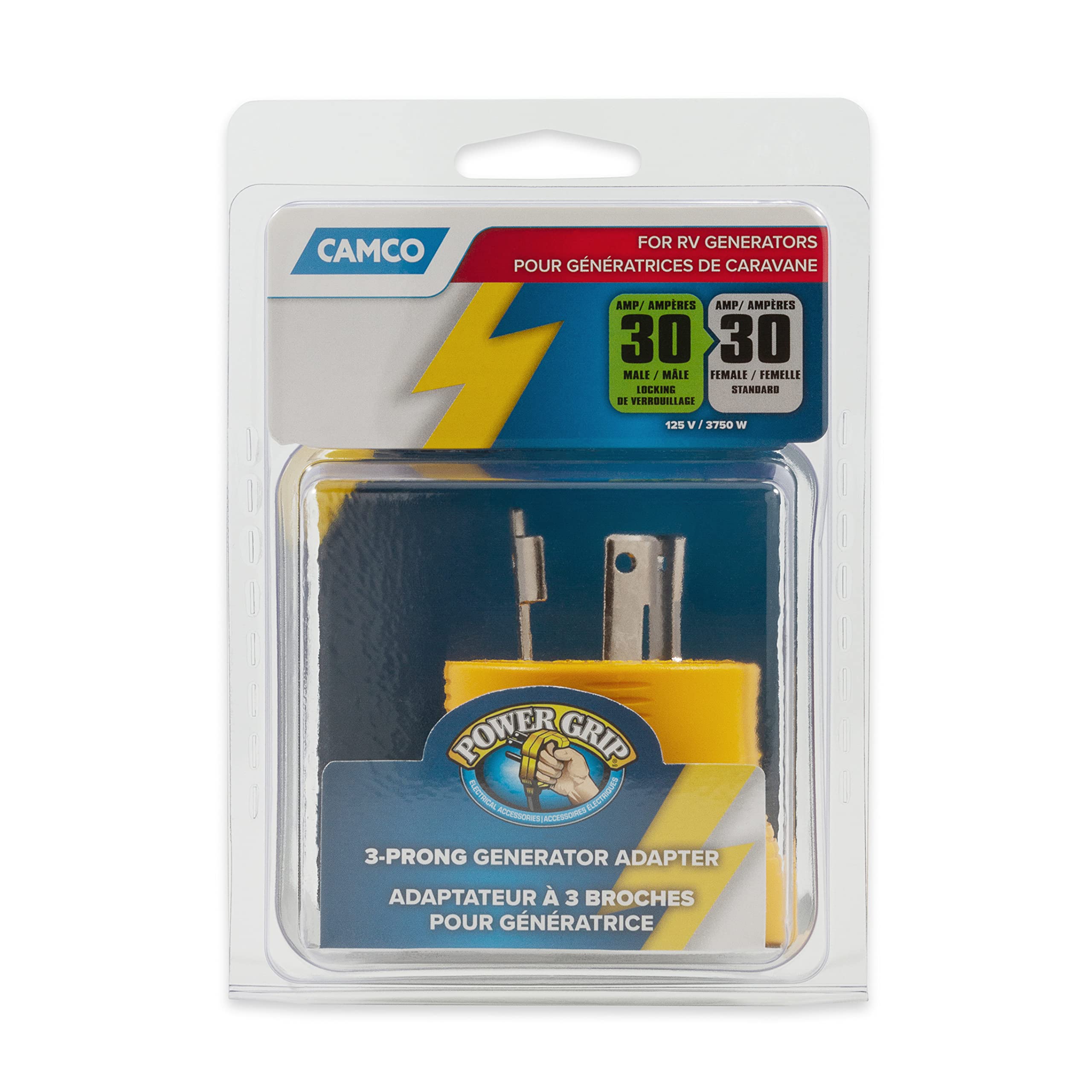 Camco Power Grip Camper/Rv Generator Adapter | Features A Heavy-Duty 30 Amp Locking Male And Female Connection | Rated For 125 Volts / 3750 Watts (55333)