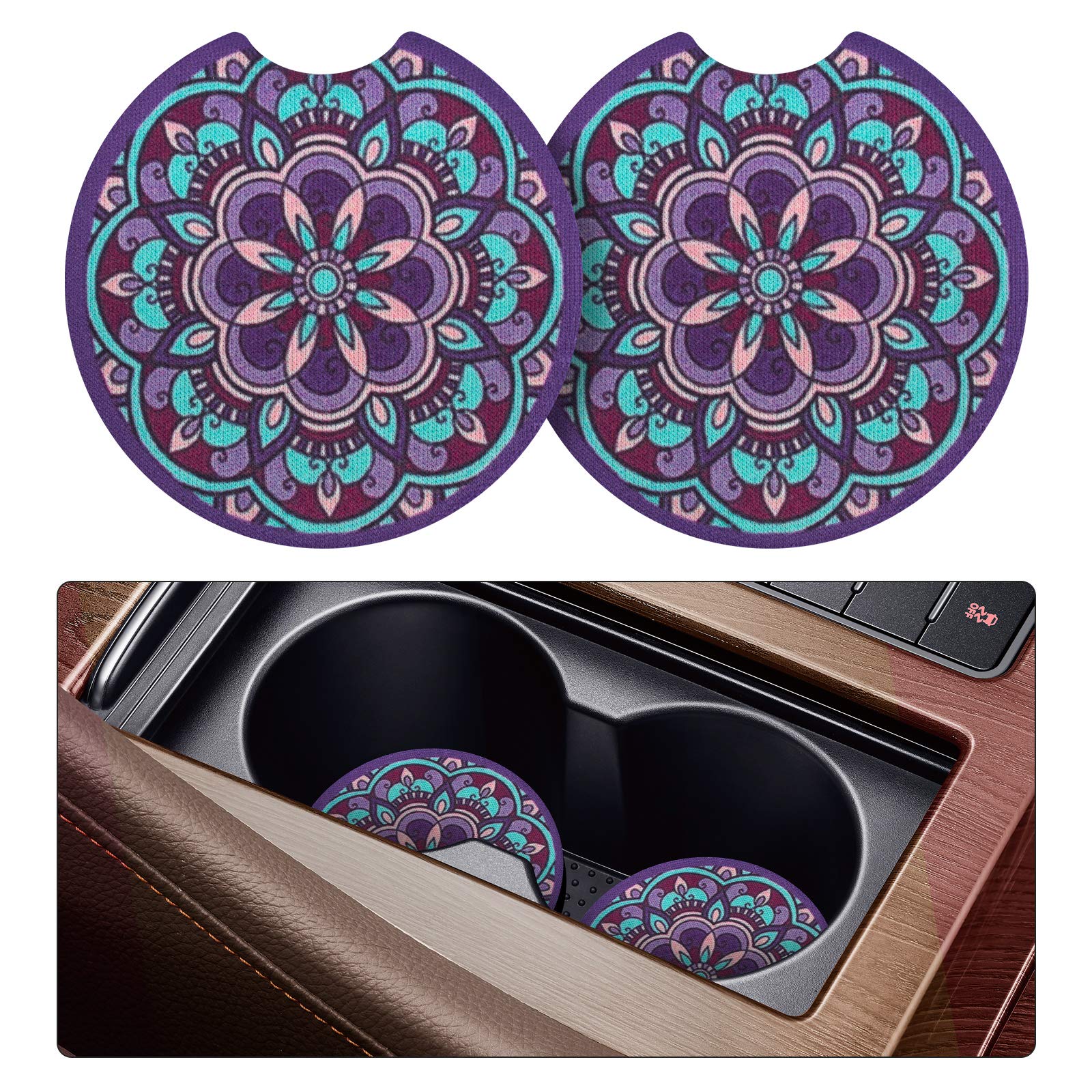 Tifanso Car Cup Holder Coaster, 2 Pack Car Coasters For Cup Holders, Cup Drink Holder Coasters For Car, Cute Car Accessories For Women And Girl (Mandala)
