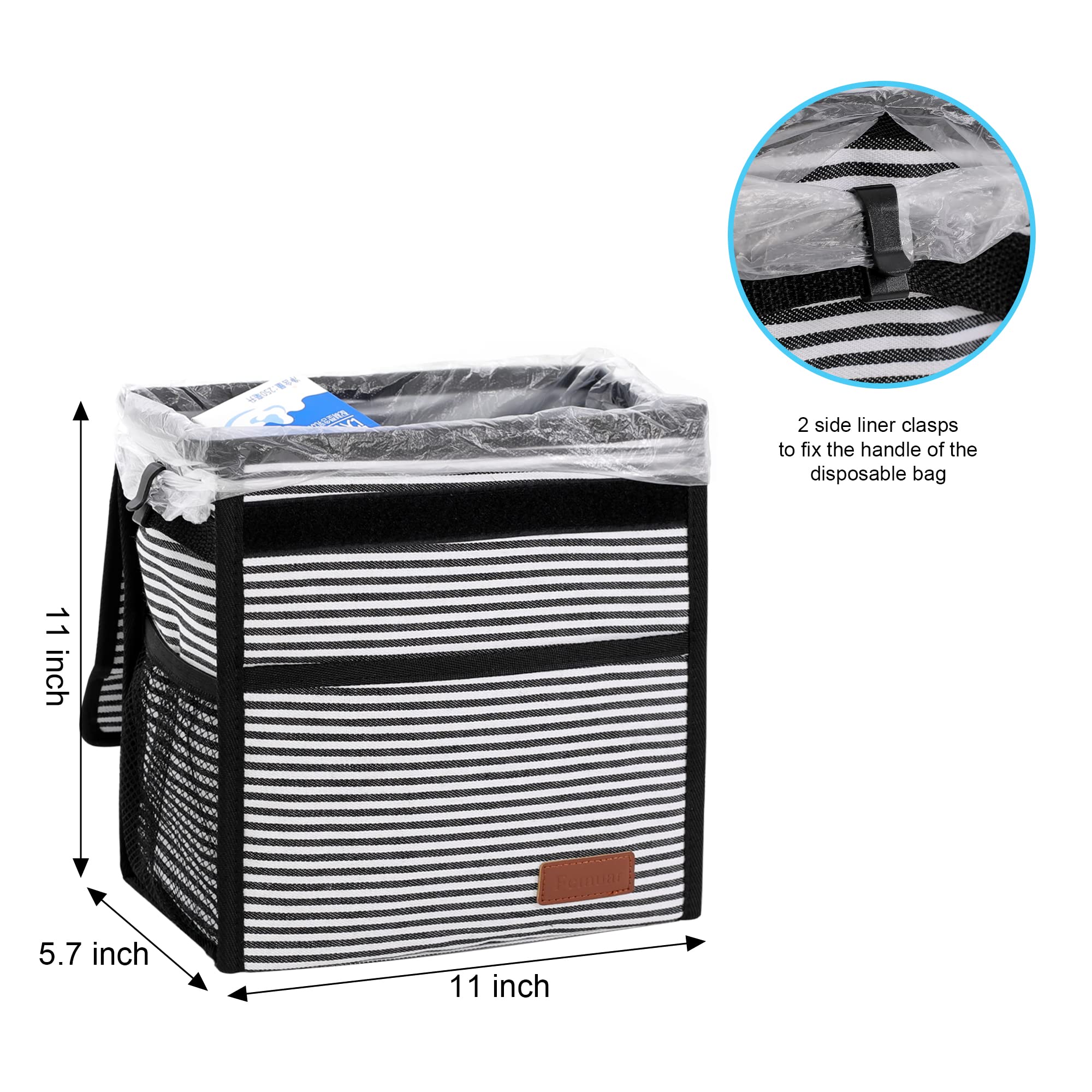 Femuar Car Trash Can Leak Proof Car Trash Bag Waterproof Car Garbage Can With Lid With Storage Mesh Pocket, Large/Stripe