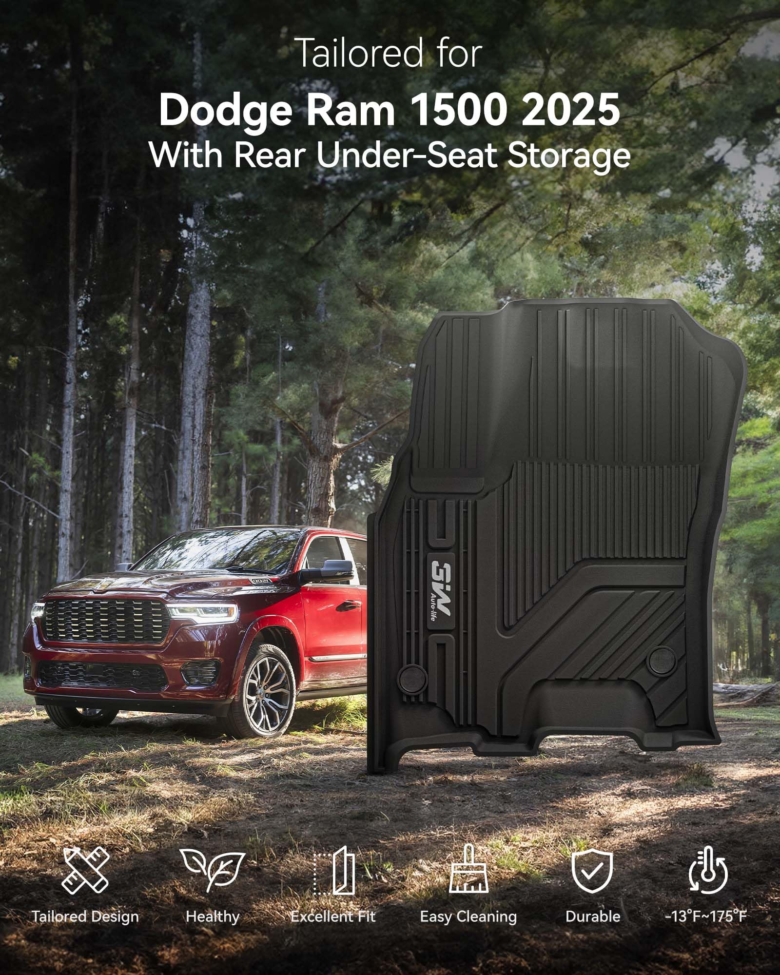 3W Floor Mats Fit For Dodge Ram 1500 2025(With Rear Under-Seat Factory Storage Bucket Seat), Tpe All Weather Custom Fit Floor Li