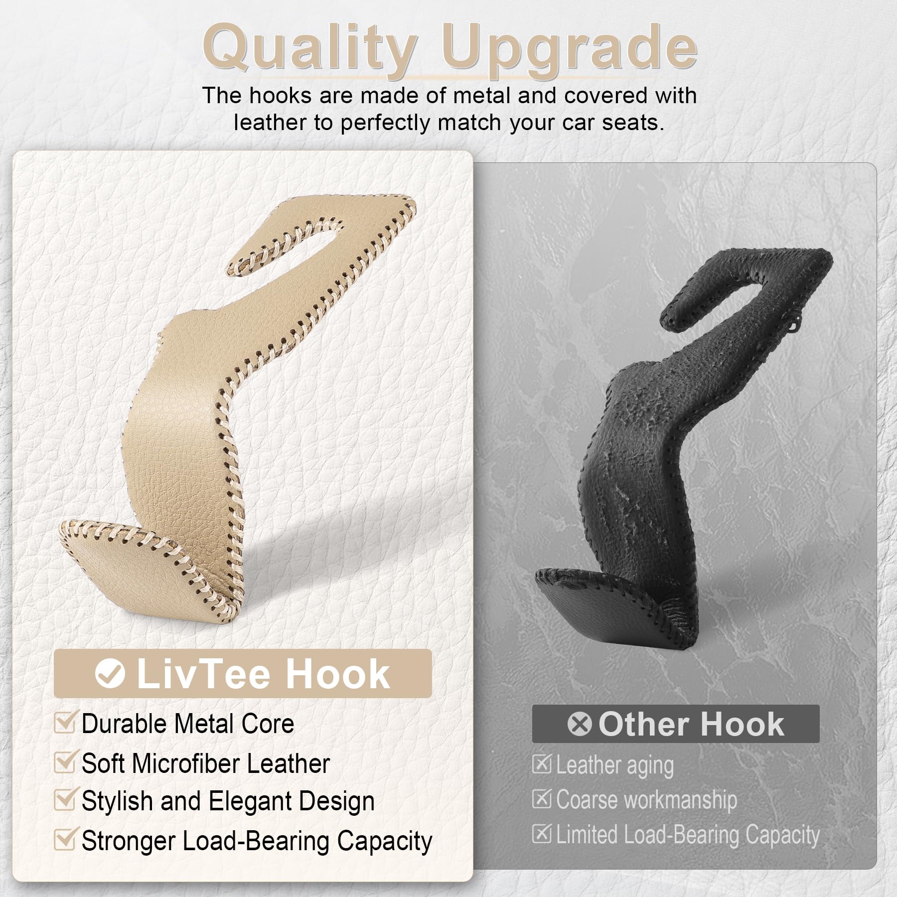 Livtee Beige Superior Leather Car Seat Back Headrest Hook, Auto Seat Hook Hangers Interior Accessories For Purse Coats Umbrellas