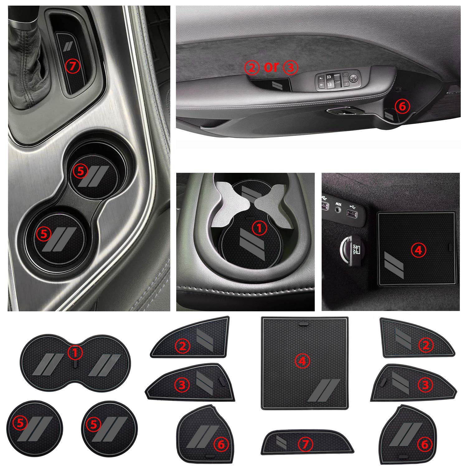 Hamsam For Dodge Challenger Accessories 2015-2021 Anti Dust Cup Holder Inserts, Door Pocket Liners And Center Console Liner Mats