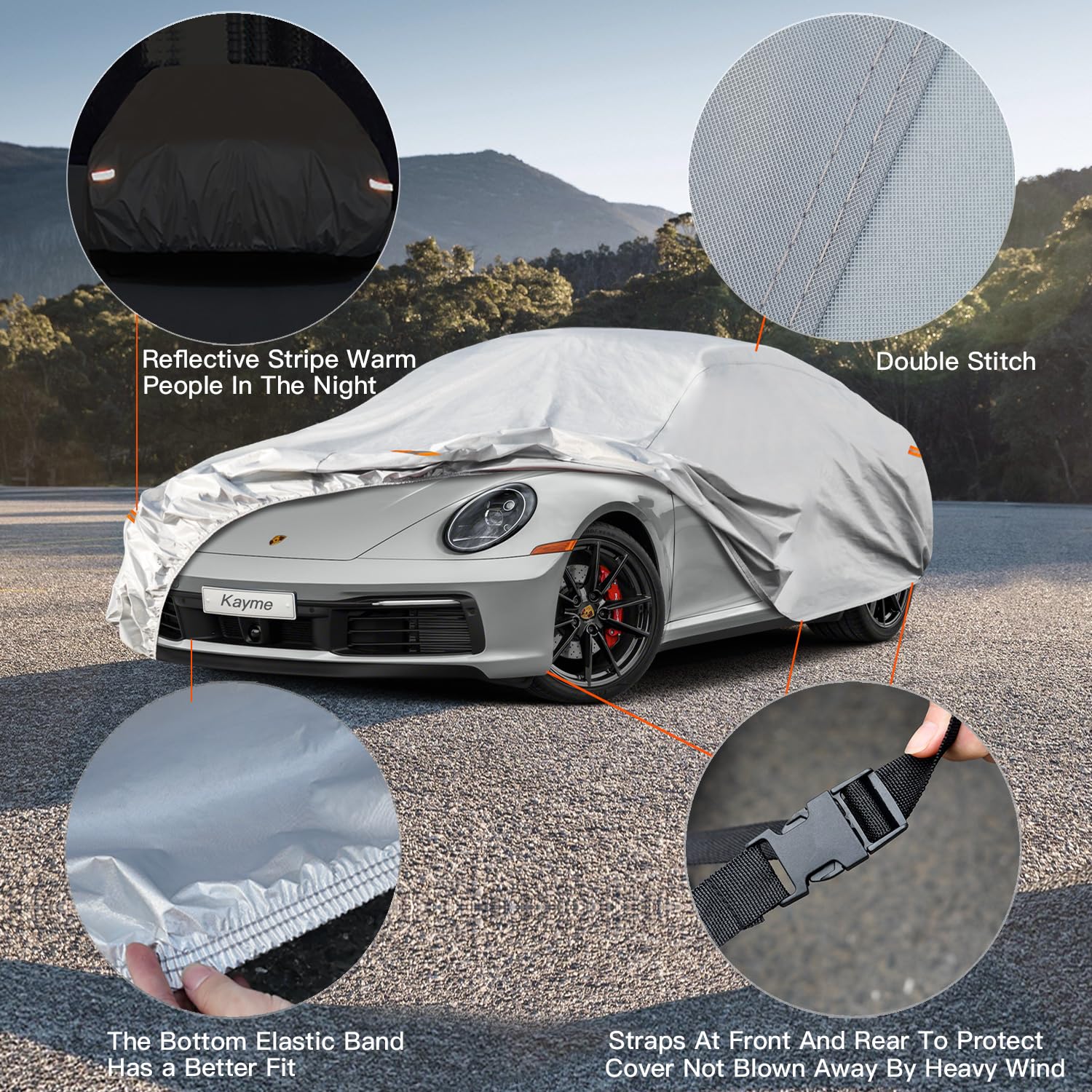 Kayme 6 Layers Car Cover Waterproof All Weather For Automobiles, Outdoor Full Cover Rain Sun Uv Protection, Universal Fit For Po