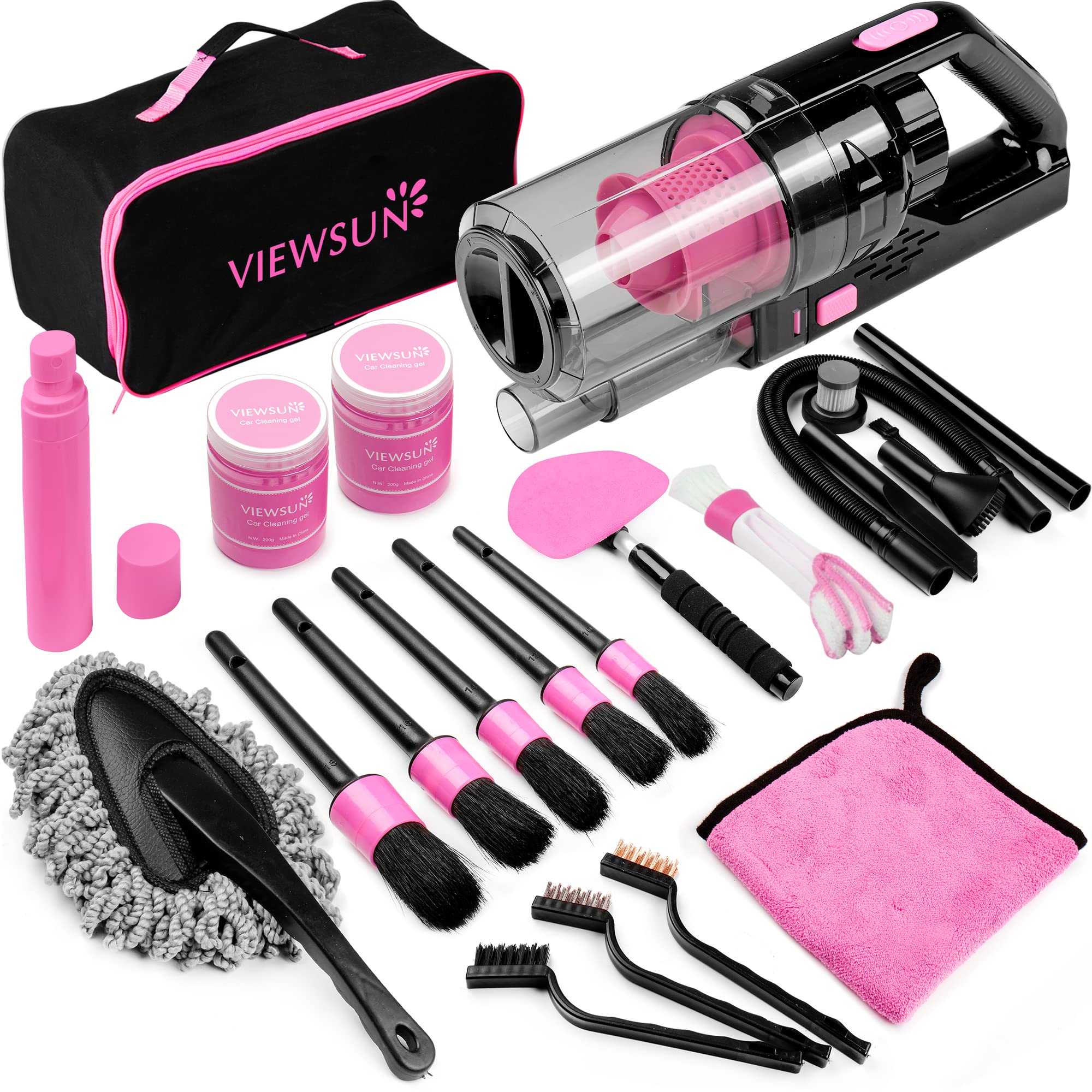Viewsun 17Pcs Car Cleaning Kit, Pink Car Interior Detailing Kit With High Power Handheld Vacuum, Detailing Brush Set, Windshield Cleaner, Cleaning Gel, Complete Auto Accessories For Women Gift