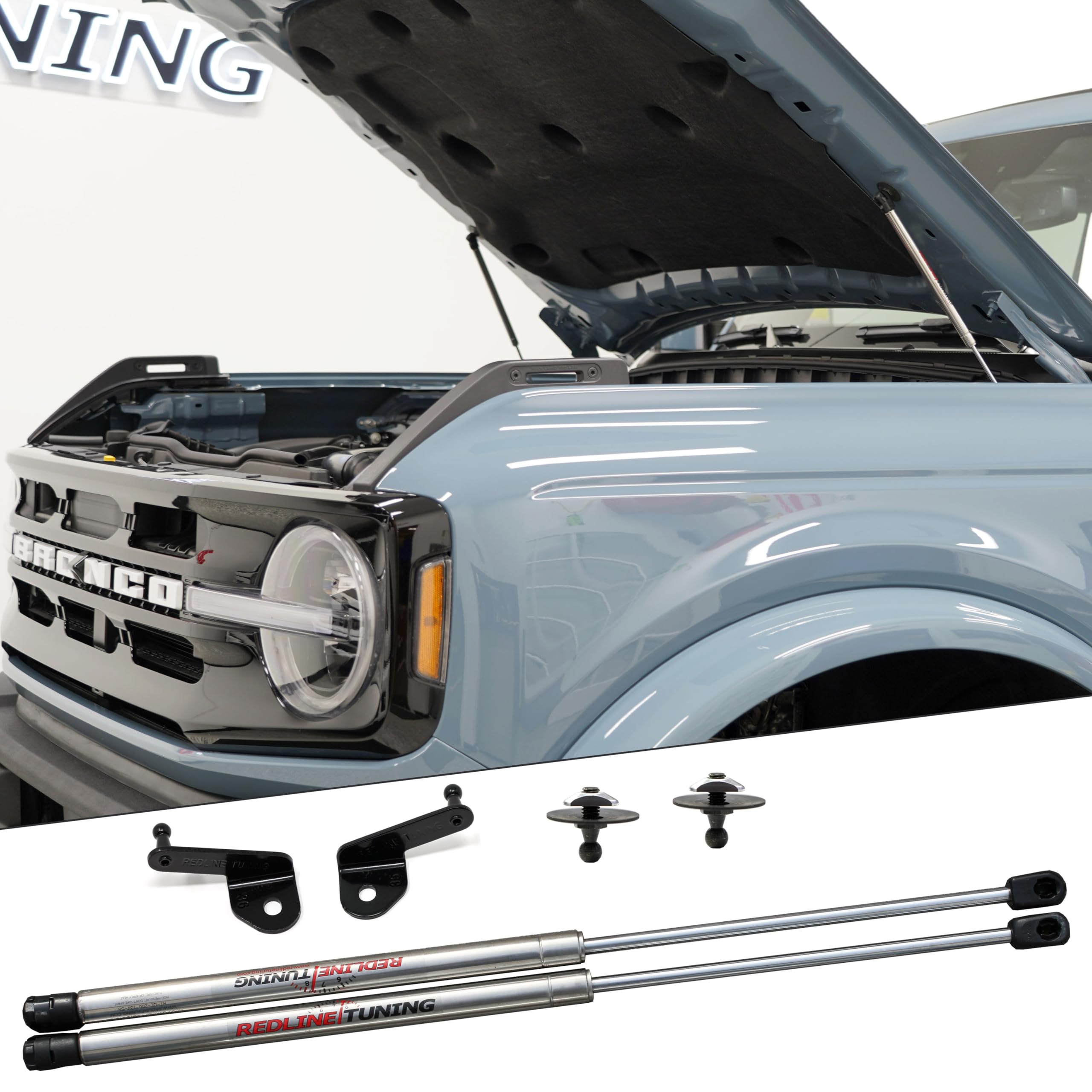 Redline Tuning 21-11040-03 Hood Quicklift Elite System Compatible With Ford Bronco 2021+ (Stainless Steel Struts - Bolt In Syste