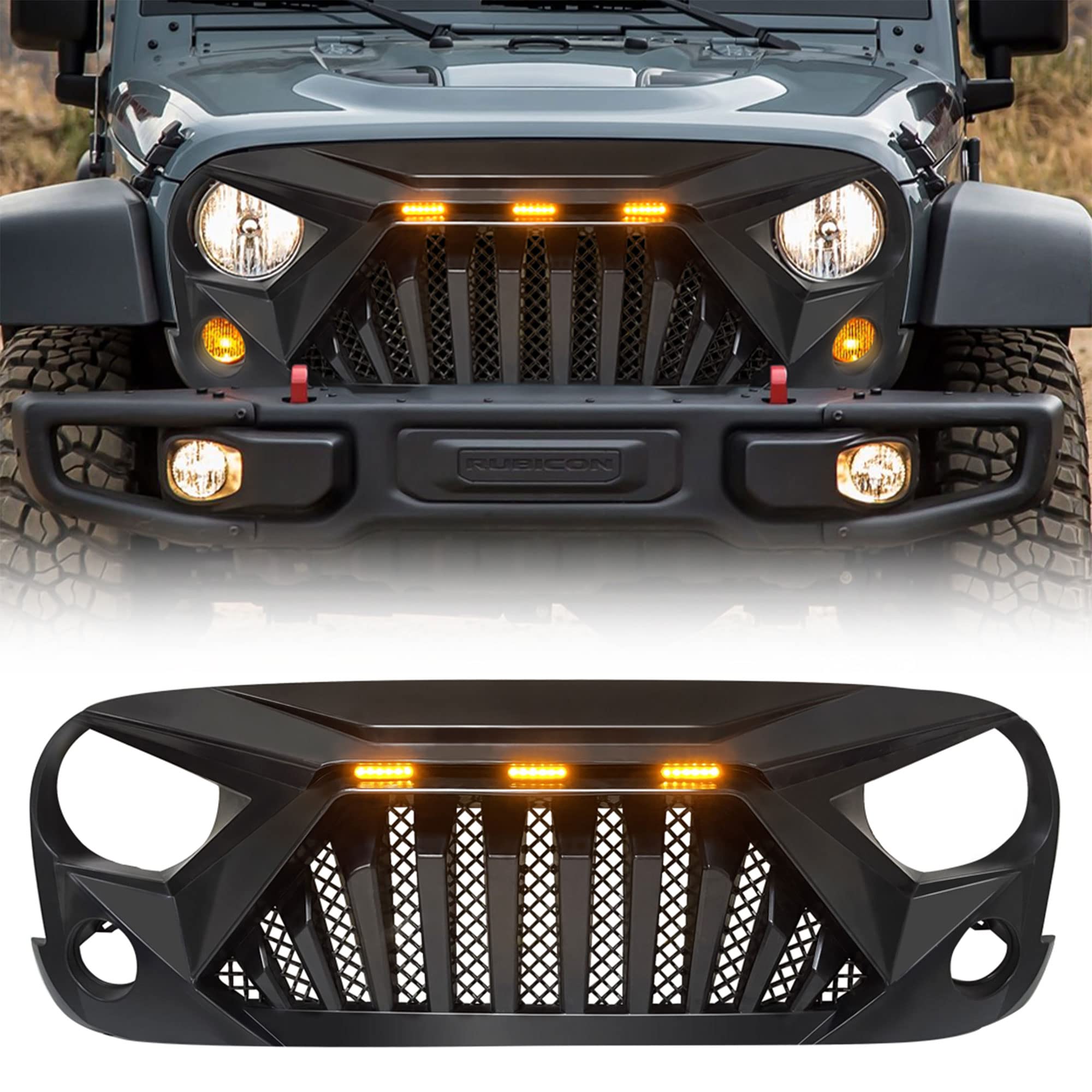 American Modified Front Goliath Grill W/Abs Construction & Led Lights, Compatible With Jeep Wrangler Jk Models 2007-2018, Matte