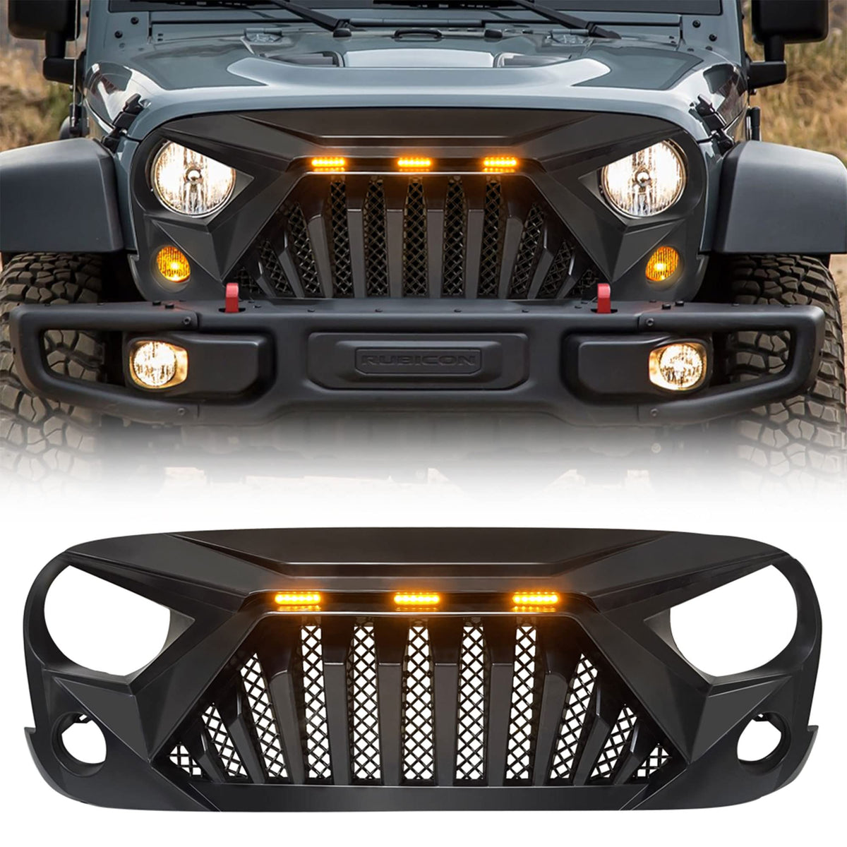 American Modified Front Goliath Grill W/Abs Construction & Led Lights, Compatible With Jeep Wrangler Jk Models 2007-2018, Matte