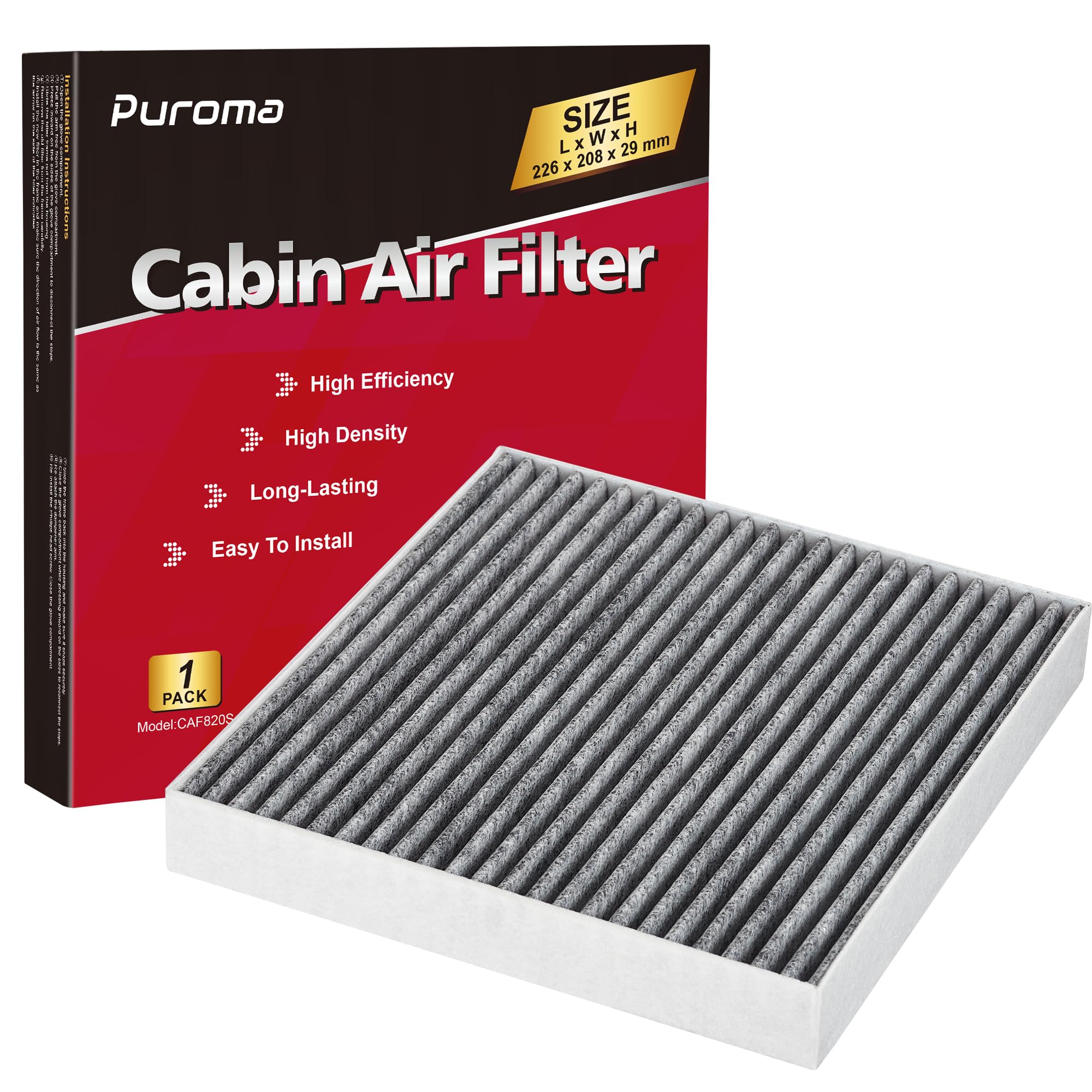 Puroma Cabin Air Filter With Activated Carbon, Compatible With Cf12820, Hyundai 97133-L1000, 97133-N9100, Elantra, Ioniq, Santa Cruz, Santa Fe, Sonata, Tucson, Kia K5, Niro, Sorento, Sportage, Gv60