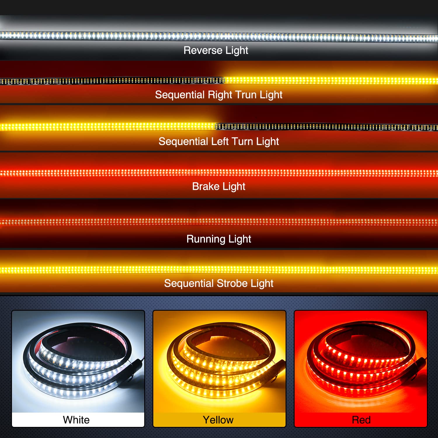 Nilight Truck Tailgate Light Strip 48'' Triple Row 360 Led Strip With Red Running Brake Lights White Reverse Light Amber Turning