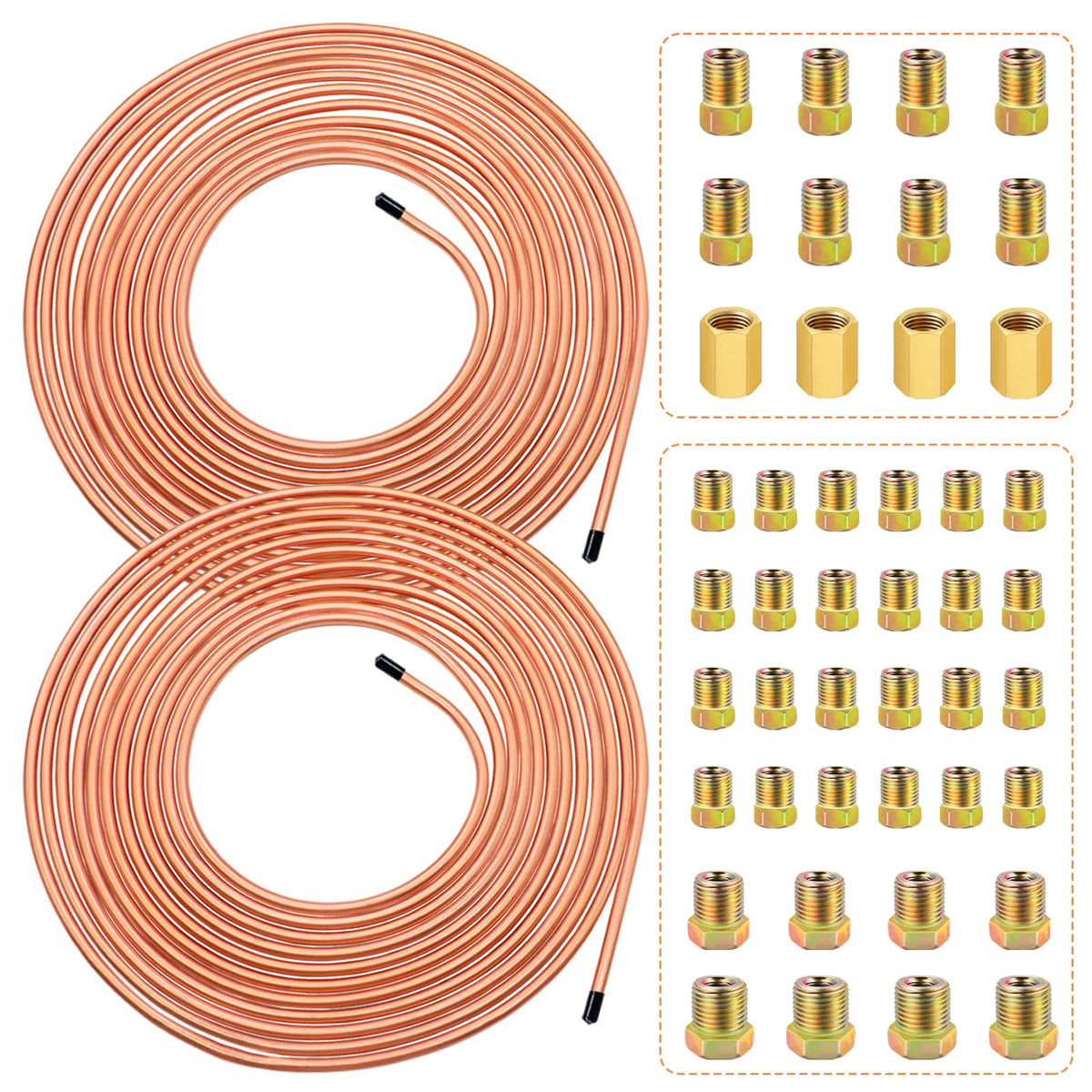 smseace 2Sets 25Ft. 1/4 '' Brake Line Tubing Kit with Brake Line Fittings(Includes 32pcs Fittings and 4pcs Unions+8pcs Nuts) Cop