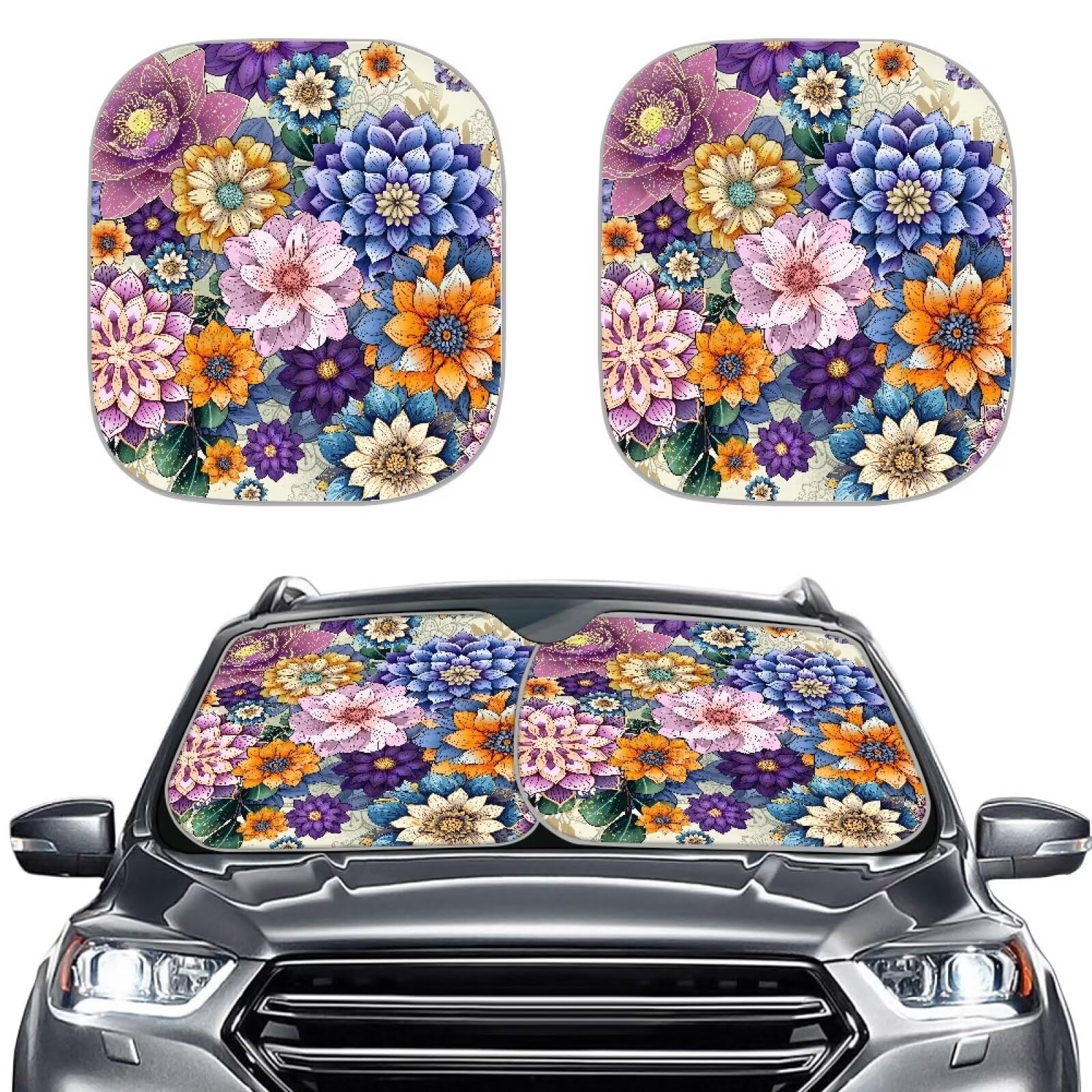 Renewold Car Windshield Sunshade Front Window Sun Shade Set - 2Pcs Bohemian Flower Print Auto Sun Blocker Visor Sun Shield For S
